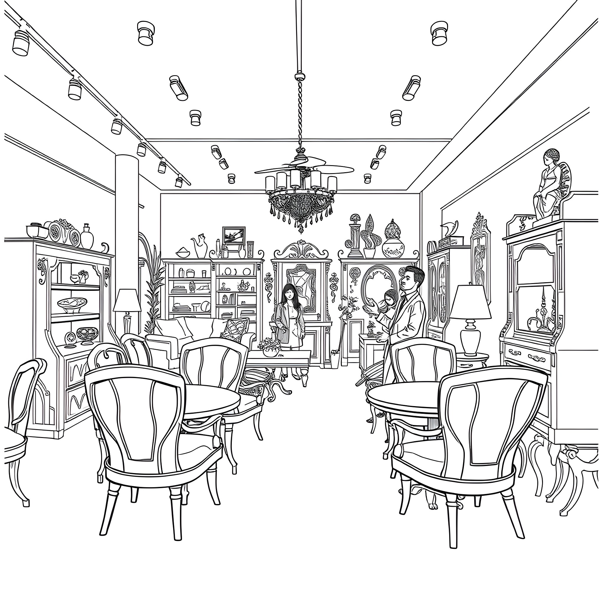 Furniture in a Cozy Dining Room Setting Coloring Page (free black-and-white line drawing printable PDF for all, from beginners to advanced learners, including children, teens, adults, and seniors)
