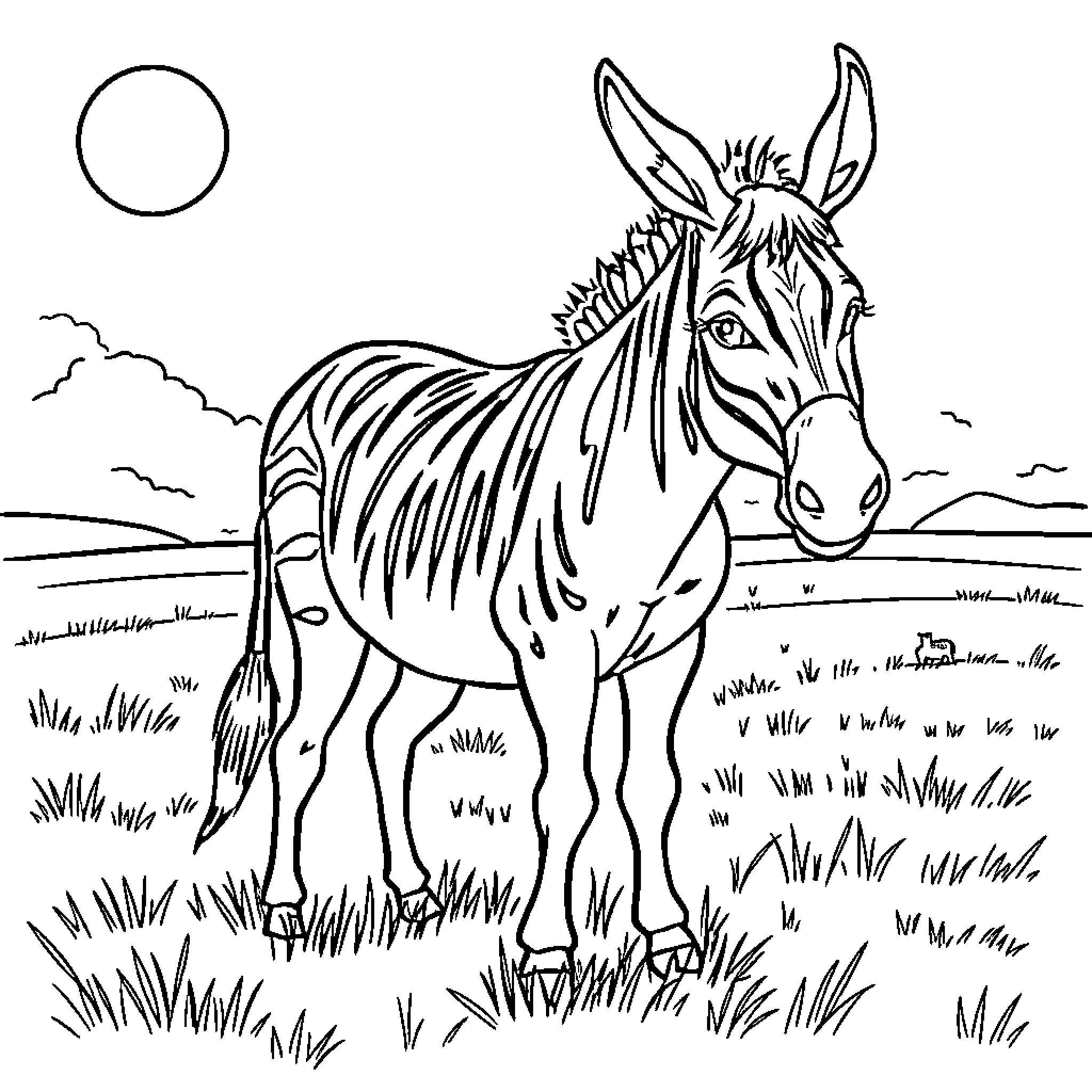 Donkey standing in a field under the moon Coloring Page (free black-and-white line drawing printable PDF for all, from beginners to advanced learners, including children, teens, adults, and seniors)