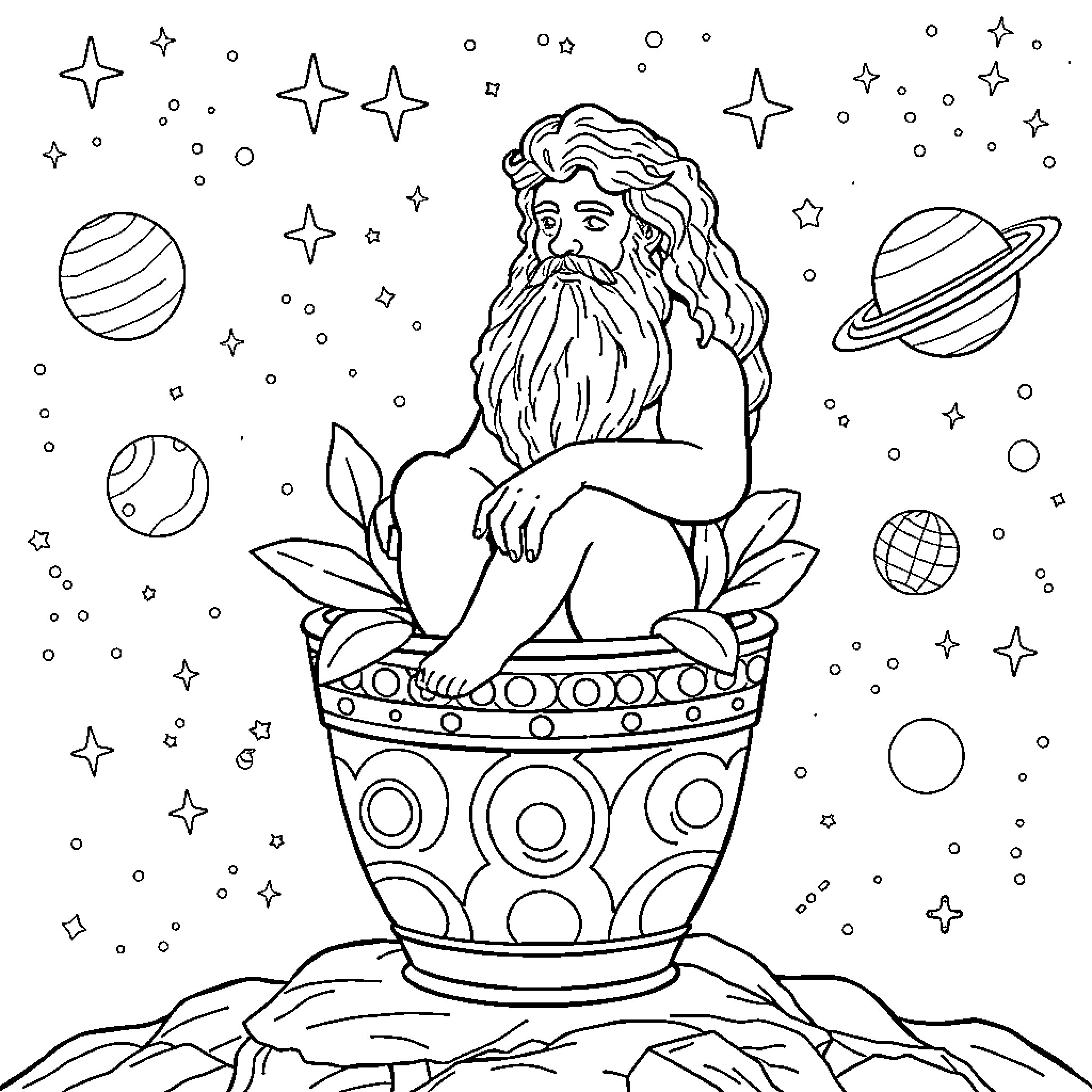 Aistophanes sitting amidst celestial wonders Coloring Page (free black-and-white line drawing printable PDF for all, from beginners to advanced learners, including children, teens, adults, and seniors)