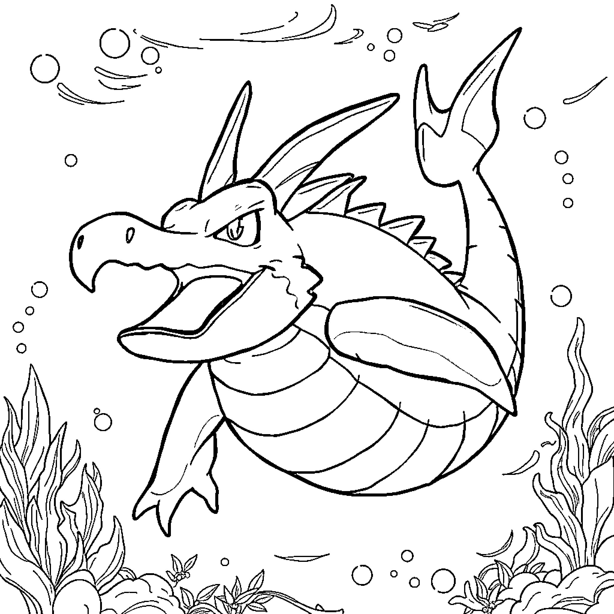 Gyarados swimming through the underwater seascape Coloring Page (free black-and-white line drawing printable PDF for all, from beginners to advanced learners, including children, teens, adults, and seniors)