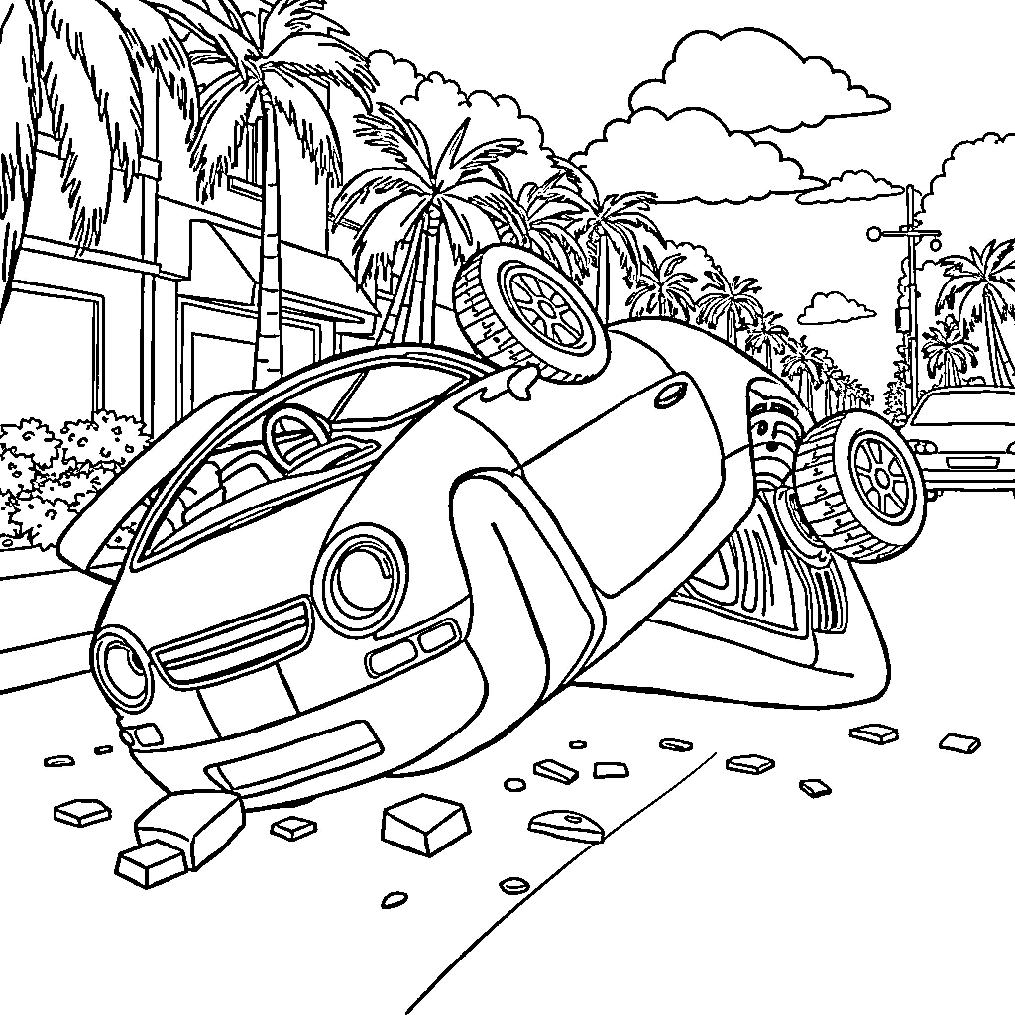 Barbie's Tropical Adventure with Crashed Car Coloring Page (free black-and-white line drawing printable PDF for all, from beginners to advanced learners, including children, teens, adults, and seniors)
