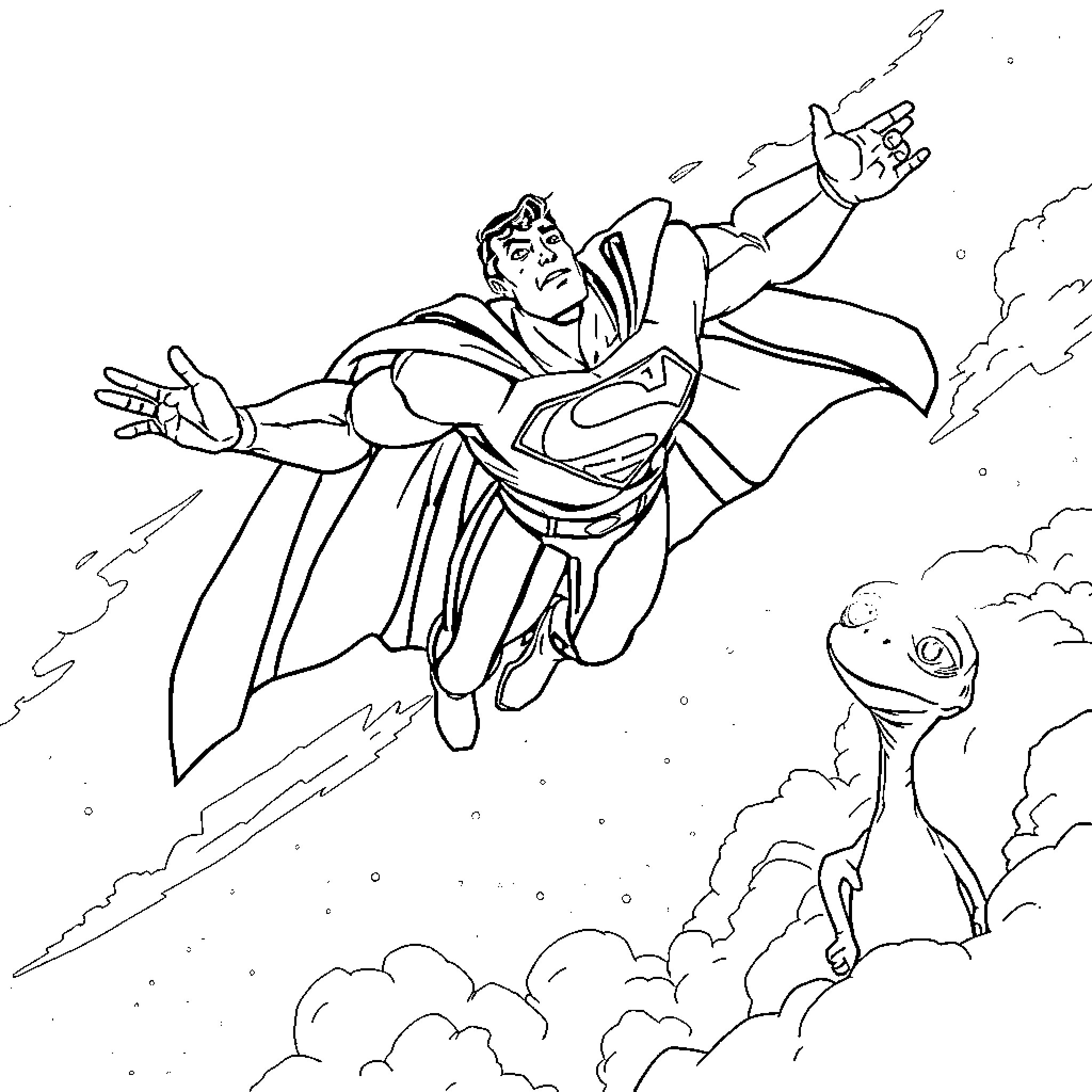 Superman soaring through the sky Coloring Page (free black-and-white line drawing printable PDF for all, from beginners to advanced learners, including children, teens, adults, and seniors)