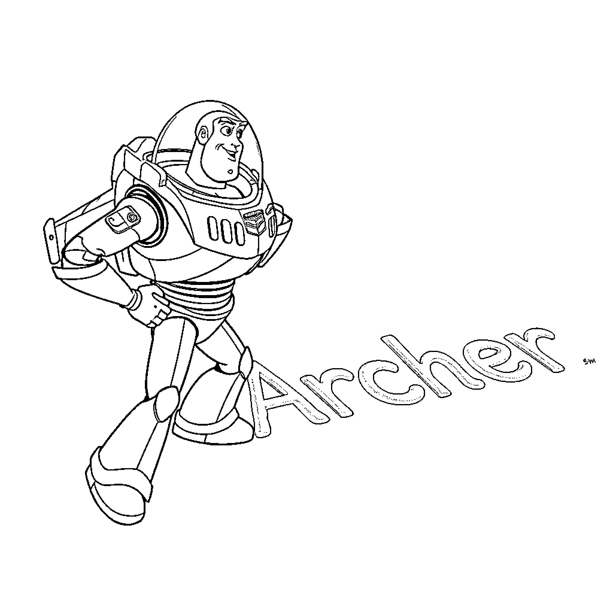 Buzz Lightyear flying in action with space gear Coloring Page (free black-and-white line drawing printable PDF for all, from beginners to advanced learners, including children, teens, adults, and seniors)