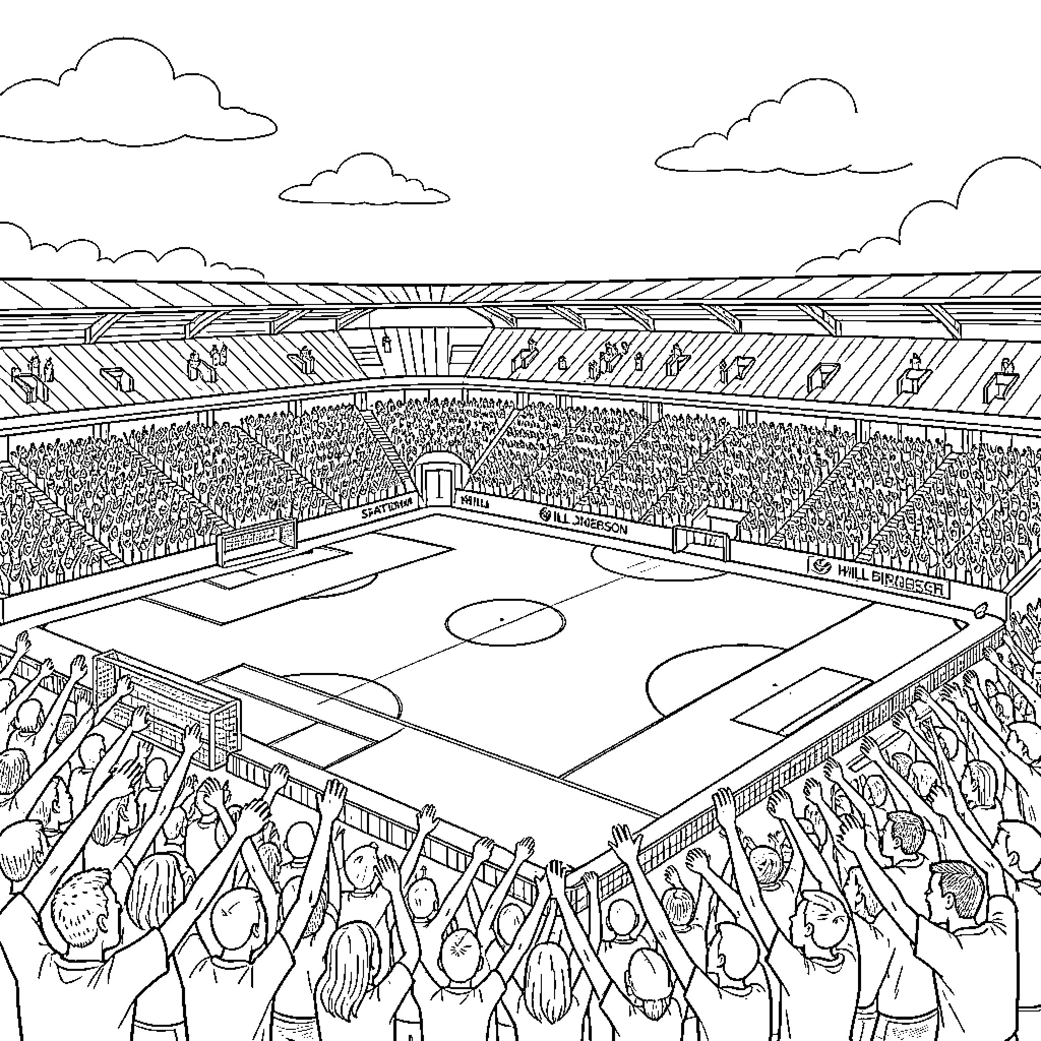Stadium filled with enthusiastic spectators cheering and waving Coloring Page (free black-and-white line drawing printable PDF for all, from beginners to advanced learners, including children, teens, adults, and seniors)