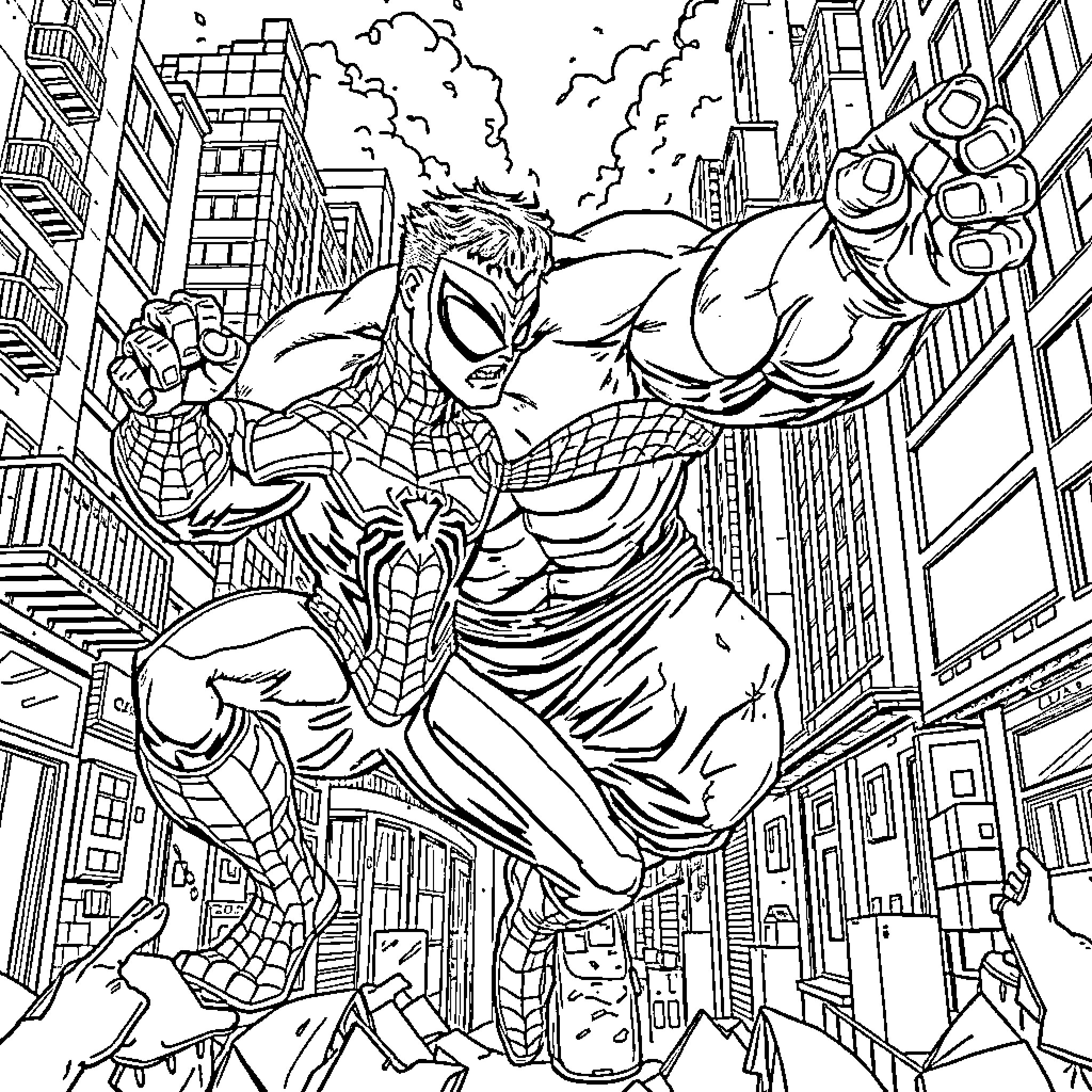Spiderman swinging through the city skyline Coloring Page (free black-and-white line drawing printable PDF for all, from beginners to advanced learners, including children, teens, adults, and seniors)