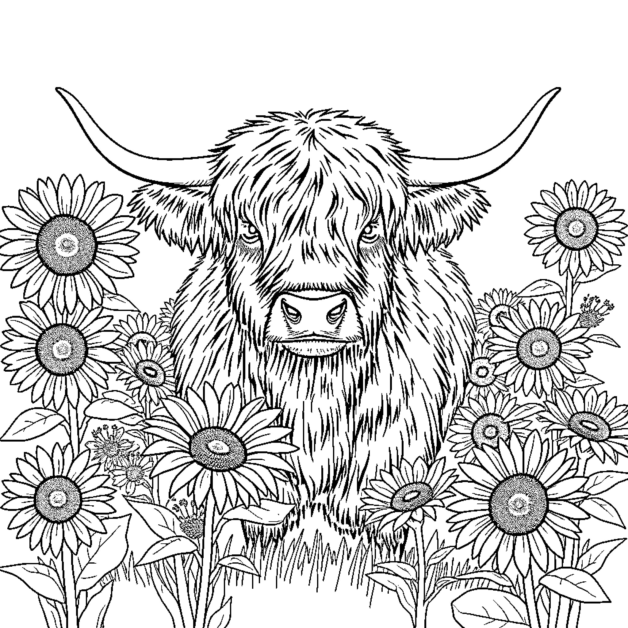 Highland Cow surrounded by blooming sunflowers Coloring Page (free black-and-white line drawing printable PDF for all, from beginners to advanced learners, including children, teens, adults, and seniors)