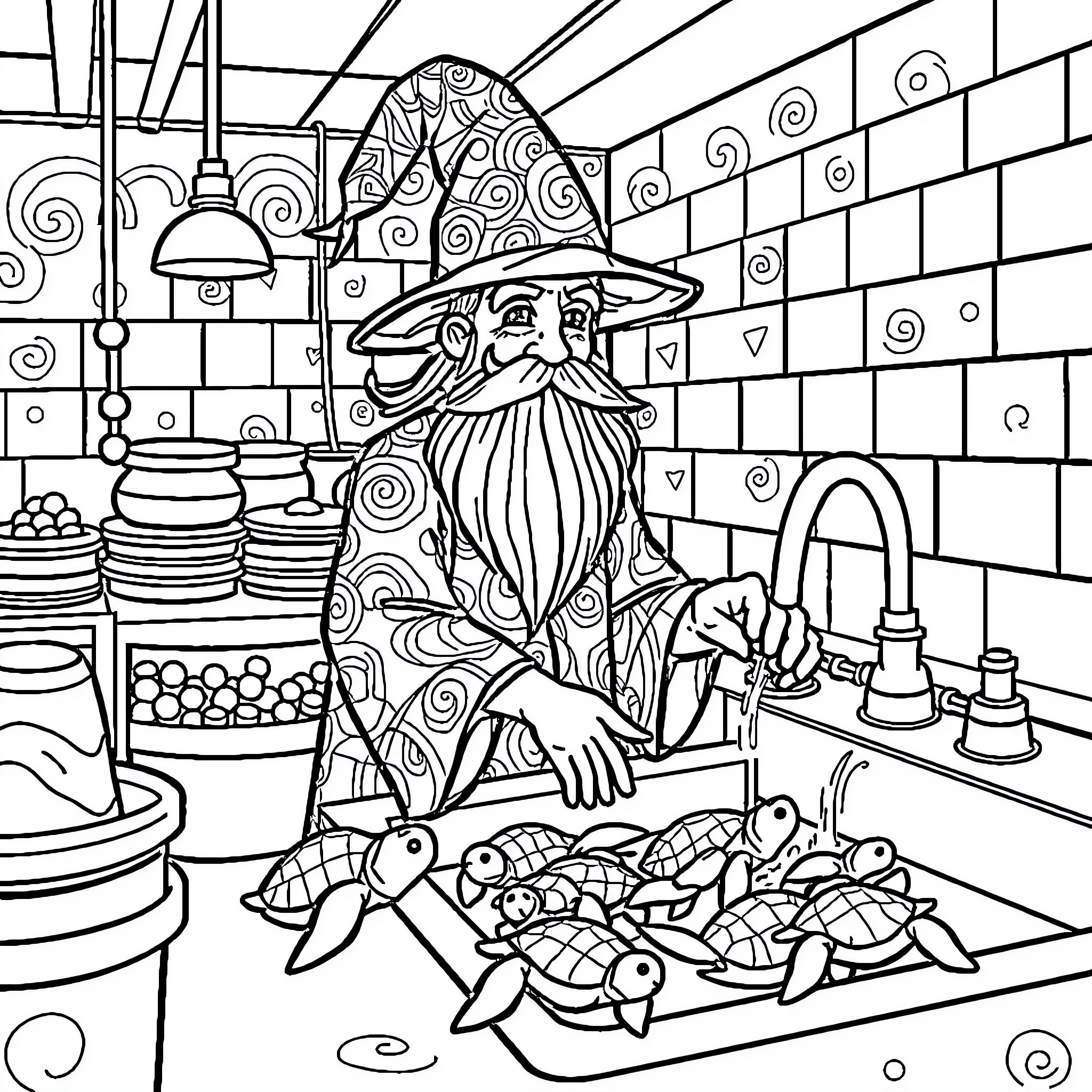 Wizard cooking magical fish in kitchen Coloring Page (free black-and-white line drawing printable PDF for all, from beginners to advanced learners, including children, teens, adults, and seniors)