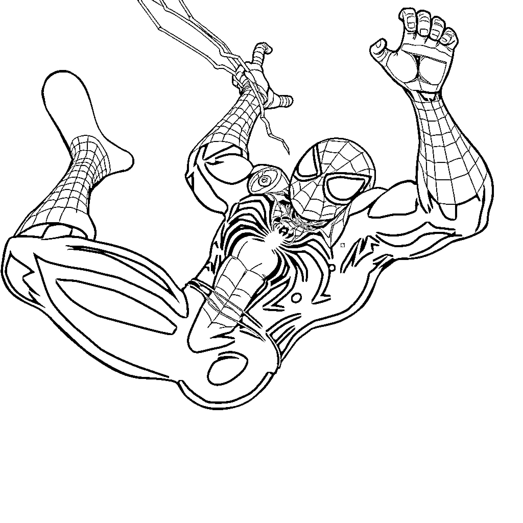 Spider-Man web-swinging and fighting in action Coloring Page (free black-and-white line drawing printable PDF for all, from beginners to advanced learners, including children, teens, adults, and seniors)