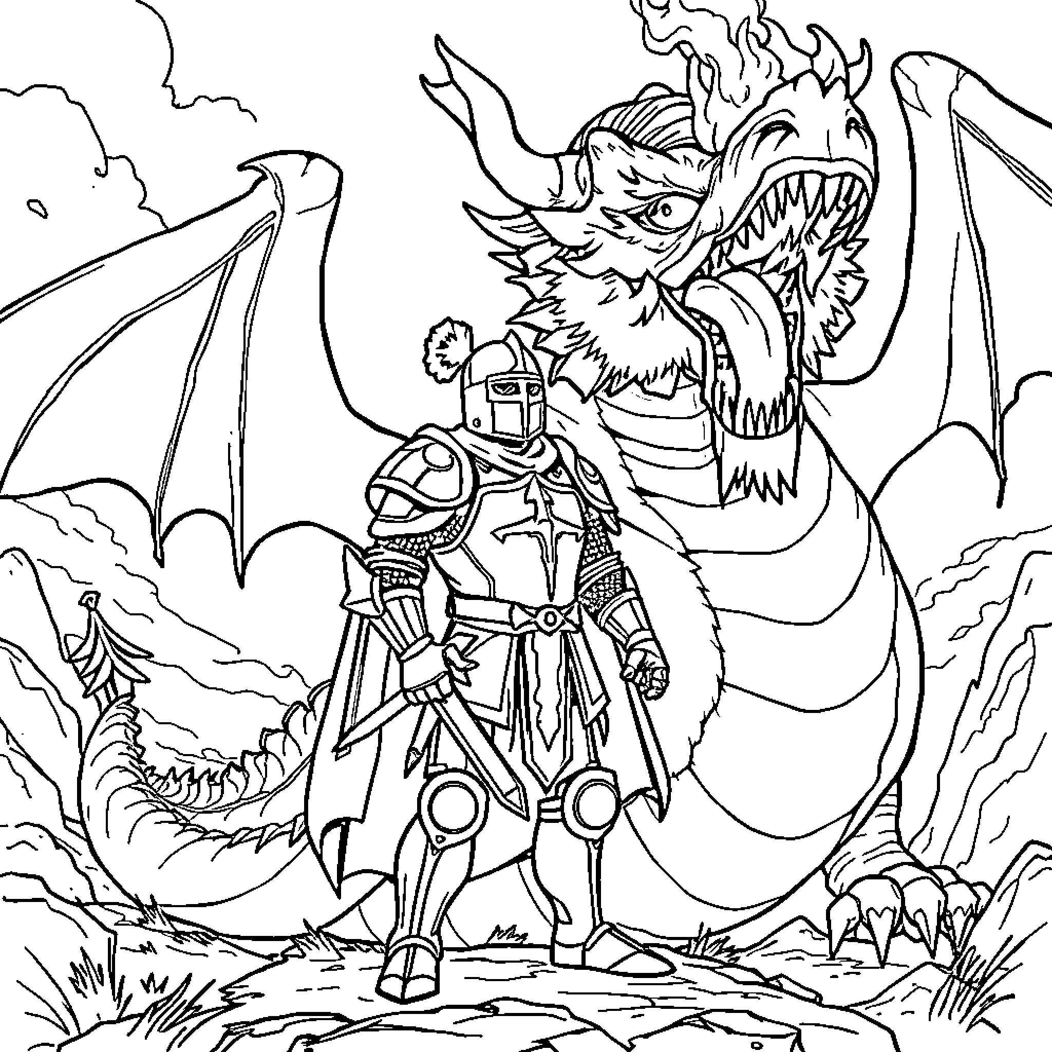 Knight Confronting Fearsome Dragon in Battle Coloring Page (free black-and-white line drawing printable PDF for all, from beginners to advanced learners, including children, teens, adults, and seniors)