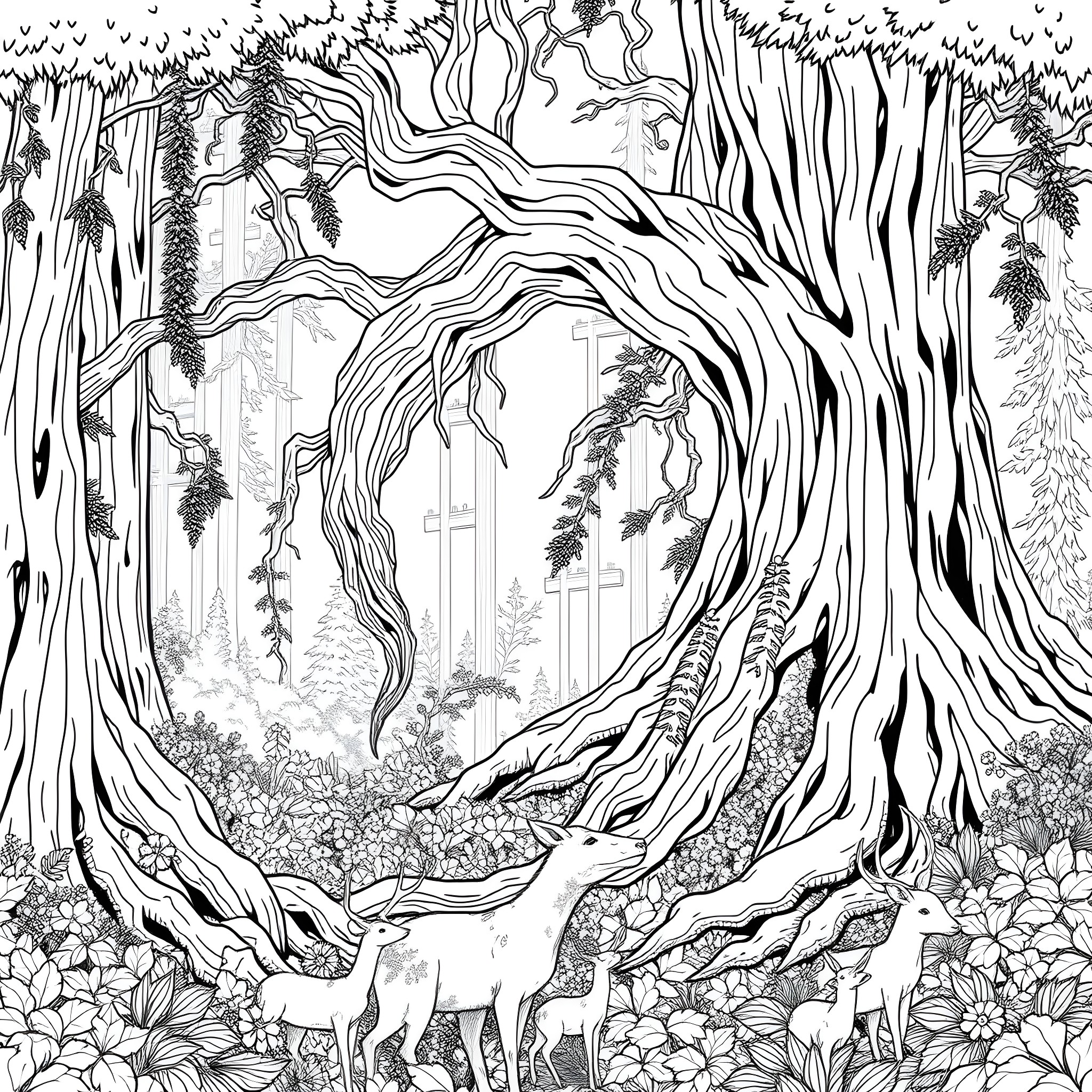 Uktena: Majestic Forest with Enchanting Creatures Coloring Page (free black-and-white line drawing printable PDF for all, from beginners to advanced learners, including children, teens, adults, and seniors)