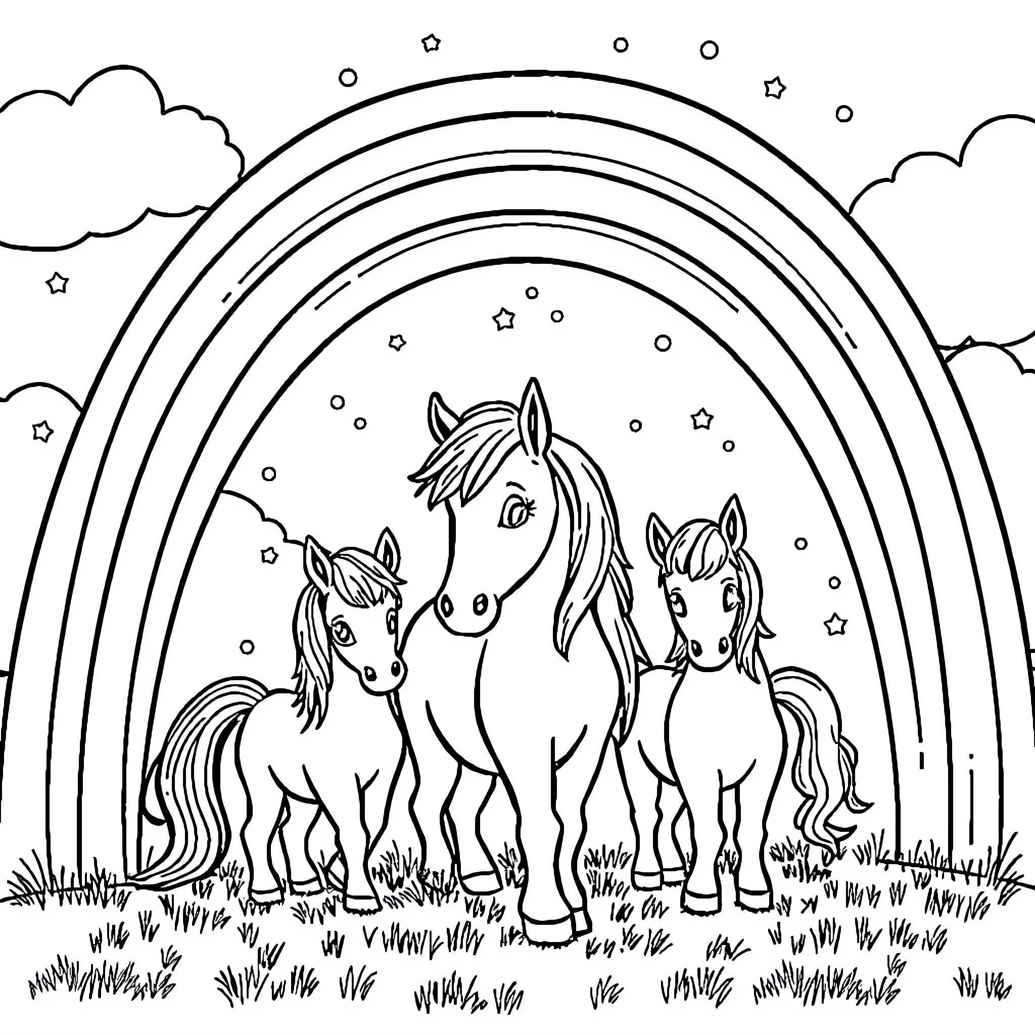 Pony friends playing in the field under rainbow Coloring Page (free black-and-white line drawing printable PDF for all, from beginners to advanced learners, including children, teens, adults, and seniors)