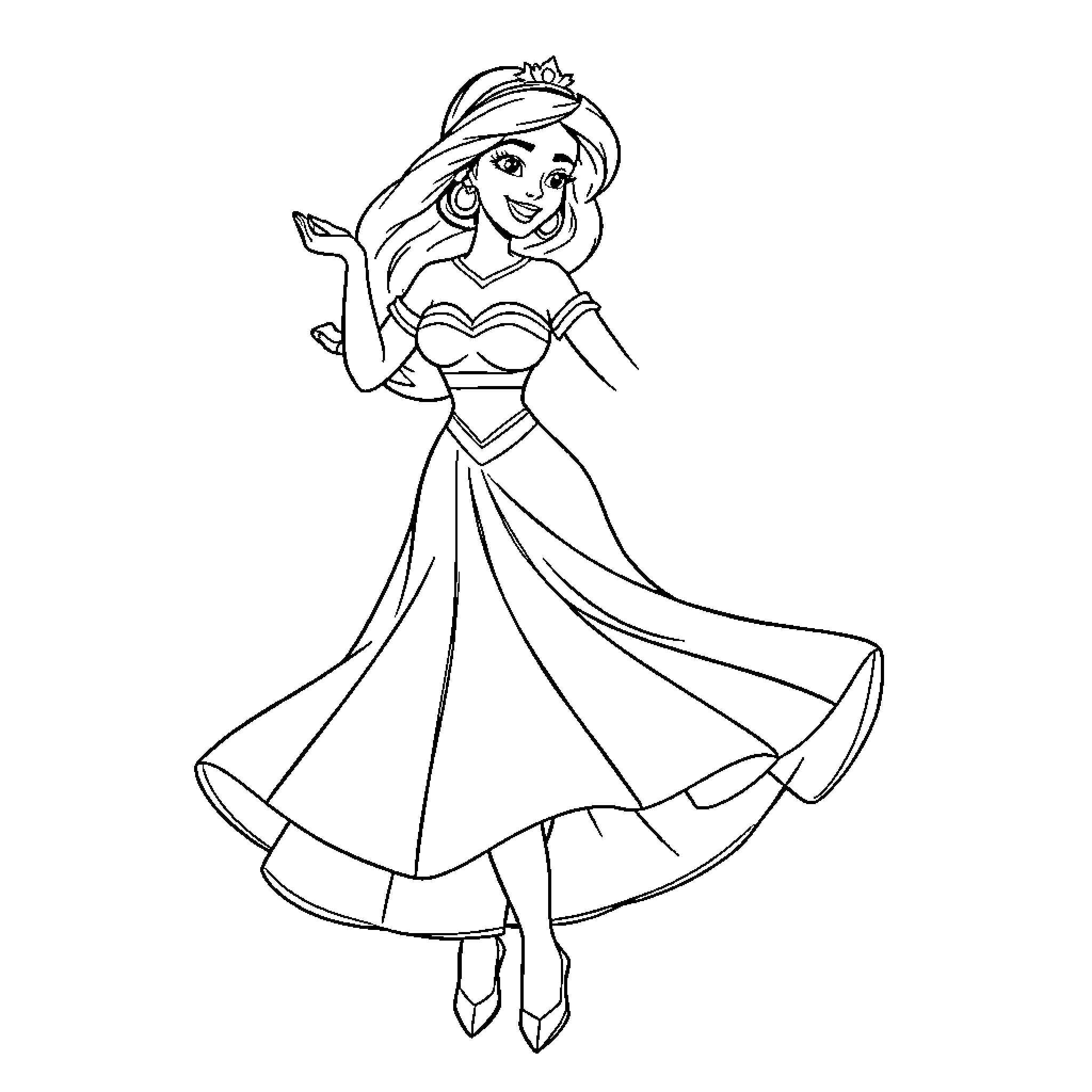 Princess in an elegant dress dancing gracefully Coloring Page (free black-and-white line drawing printable PDF for all, from beginners to advanced learners, including children, teens, adults, and seniors)