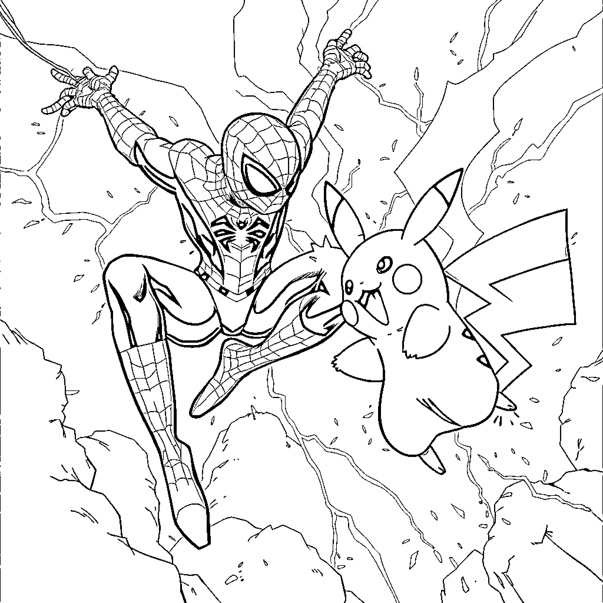 Spiderman swings into action with Pikachu sidekick Coloring Page (free black-and-white line drawing printable PDF for all, from beginners to advanced learners, including children, teens, adults, and seniors)