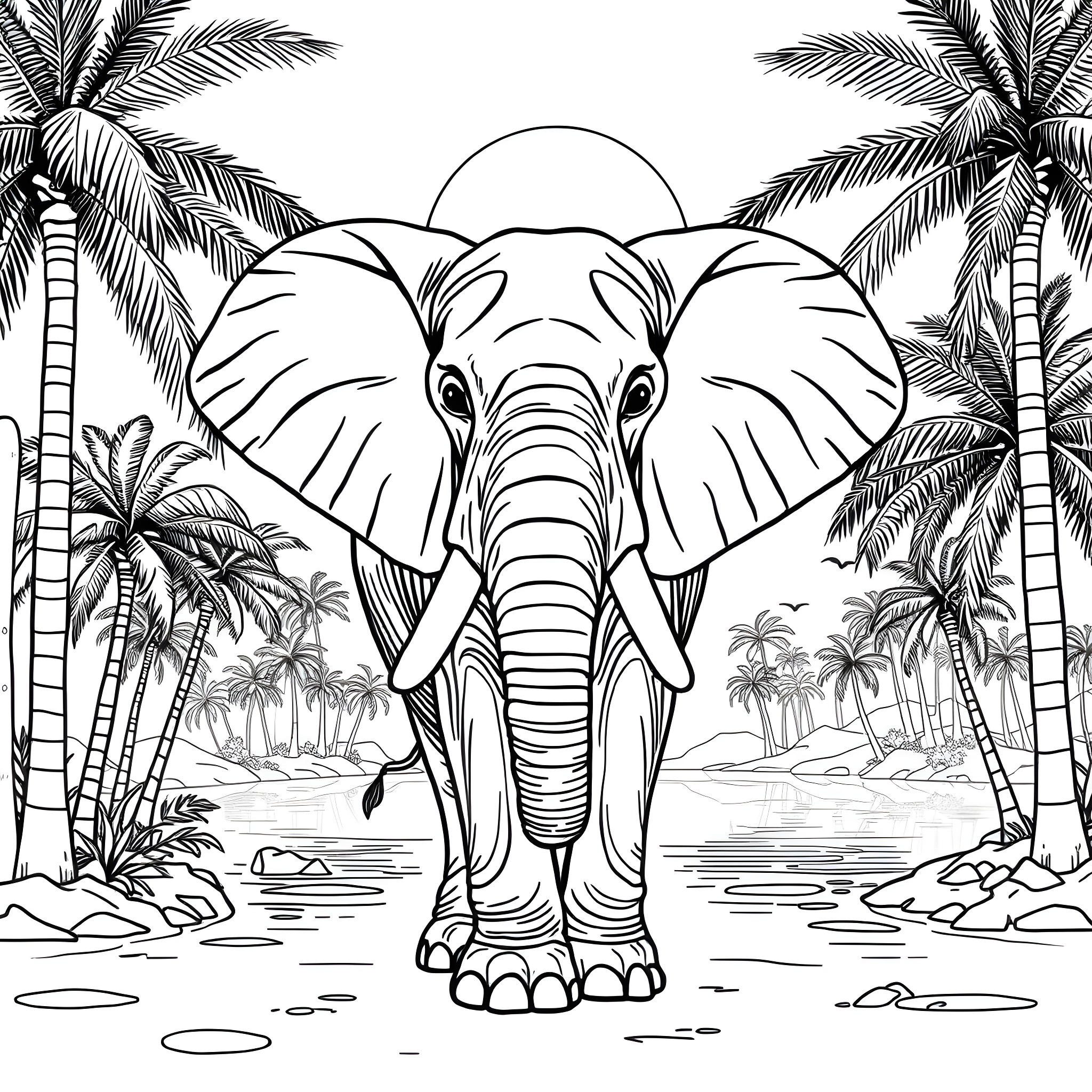 Elephant in tropical jungle landscape Coloring Page (free black-and-white line drawing printable PDF for all, from beginners to advanced learners, including children, teens, adults, and seniors)