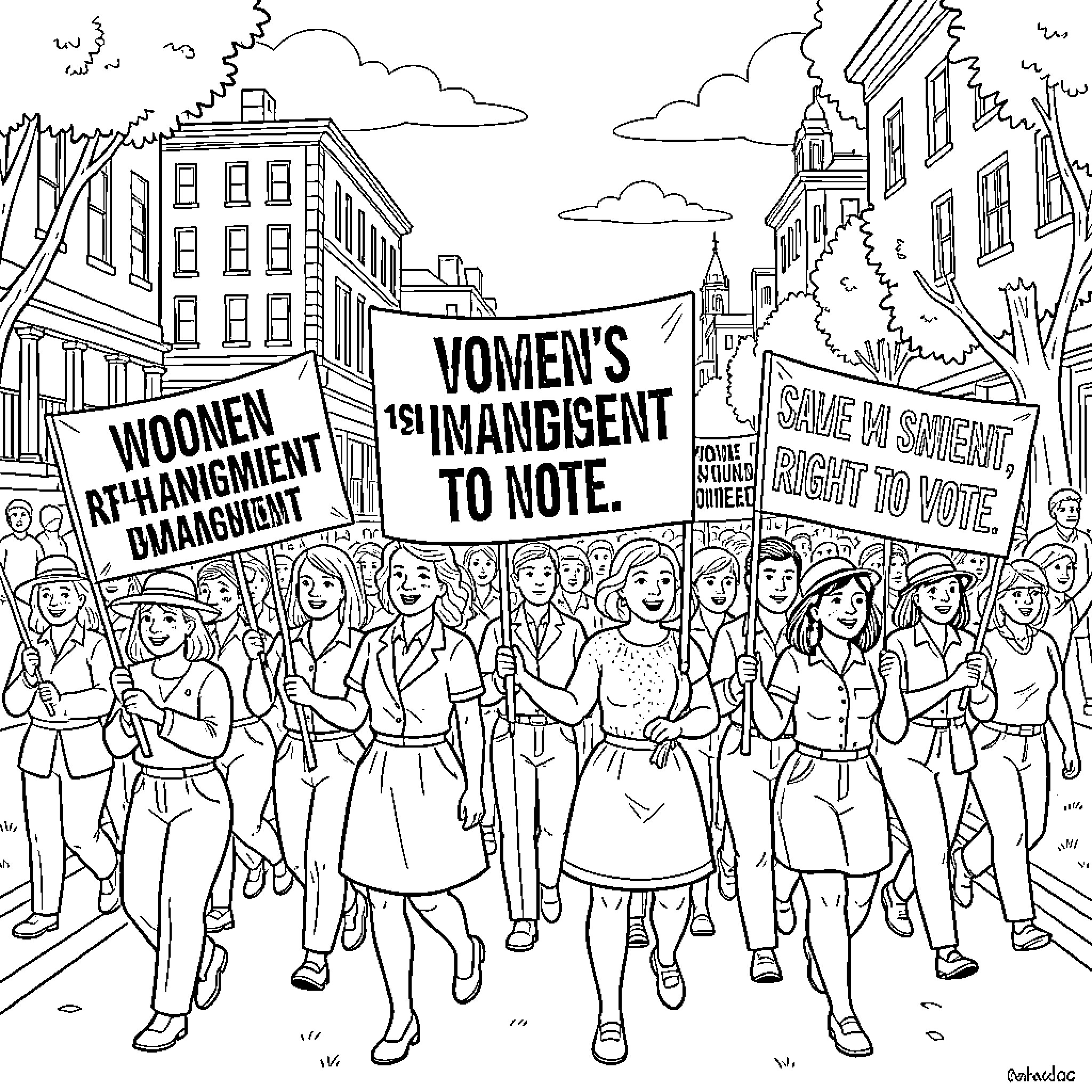 Protesters Marching for Women's Suffrage and Rights Coloring Page (free black-and-white line drawing printable PDF for all, from beginners to advanced learners, including children, teens, adults, and seniors)