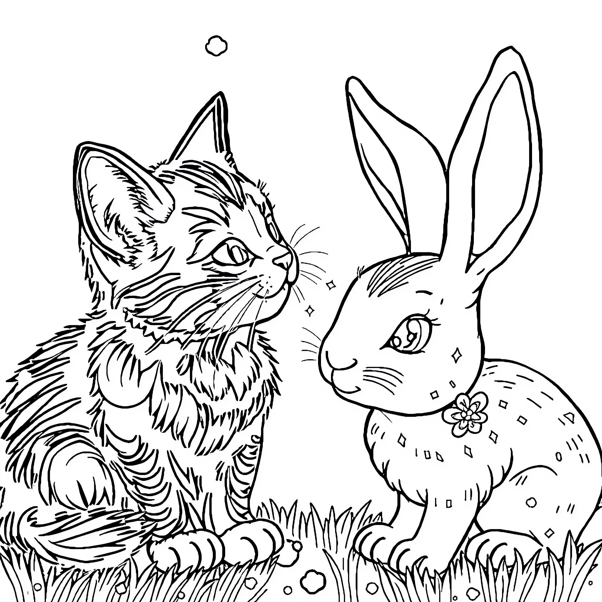 Unicorn Cat playing with Bunny in Meadow Coloring Page (free black-and-white line drawing printable PDF for all, from beginners to advanced learners, including children, teens, adults, and seniors)