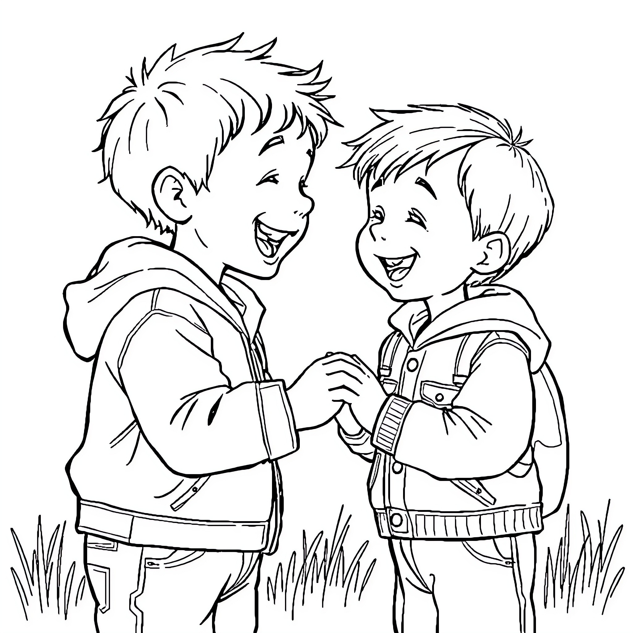 Child friends having fun together Coloring Page (free black-and-white line drawing printable PDF for all, from beginners to advanced learners, including children, teens, adults, and seniors)