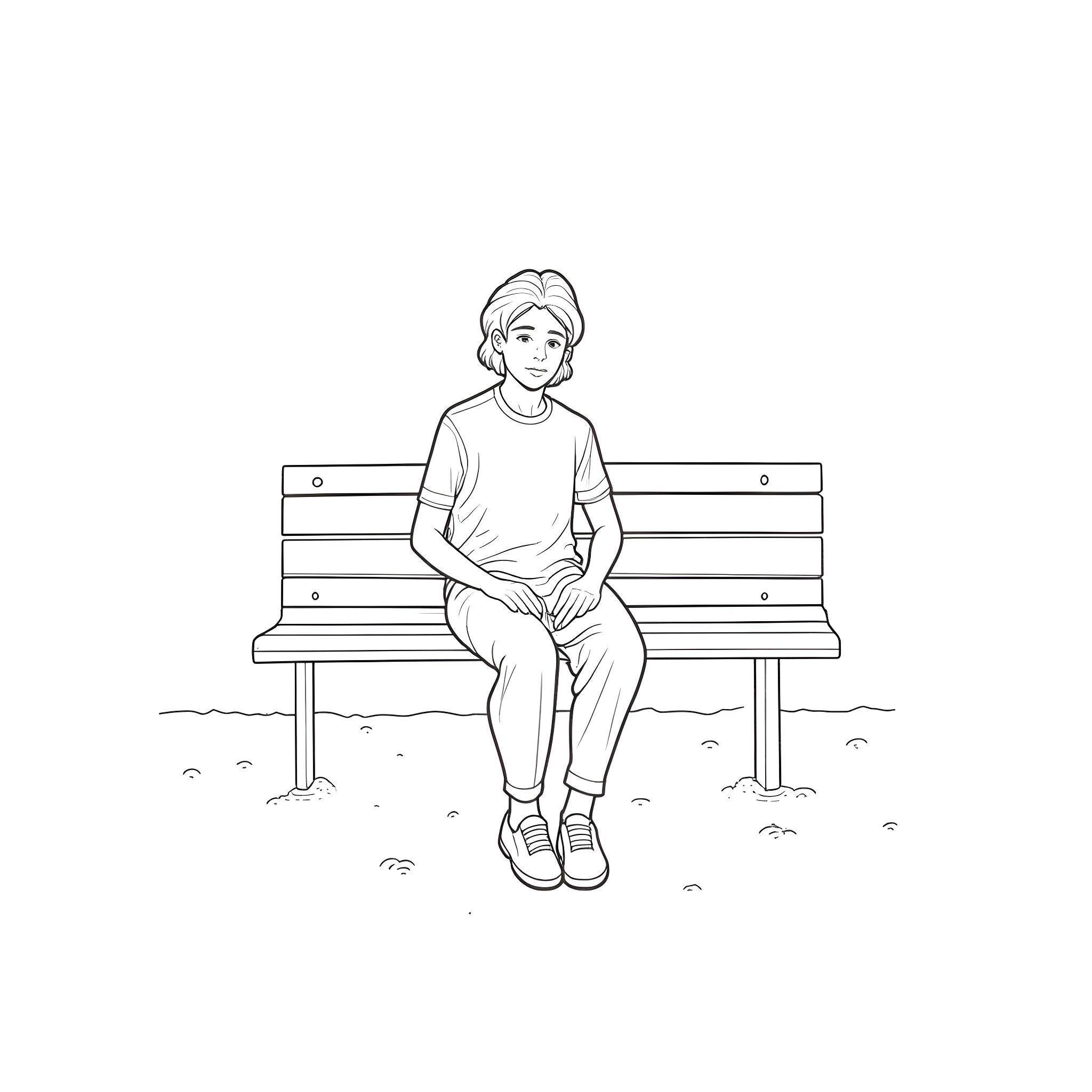 Graduate sitting calmly on bench Coloring Page (free black-and-white line drawing printable PDF for all, from beginners to advanced learners, including children, teens, adults, and seniors)