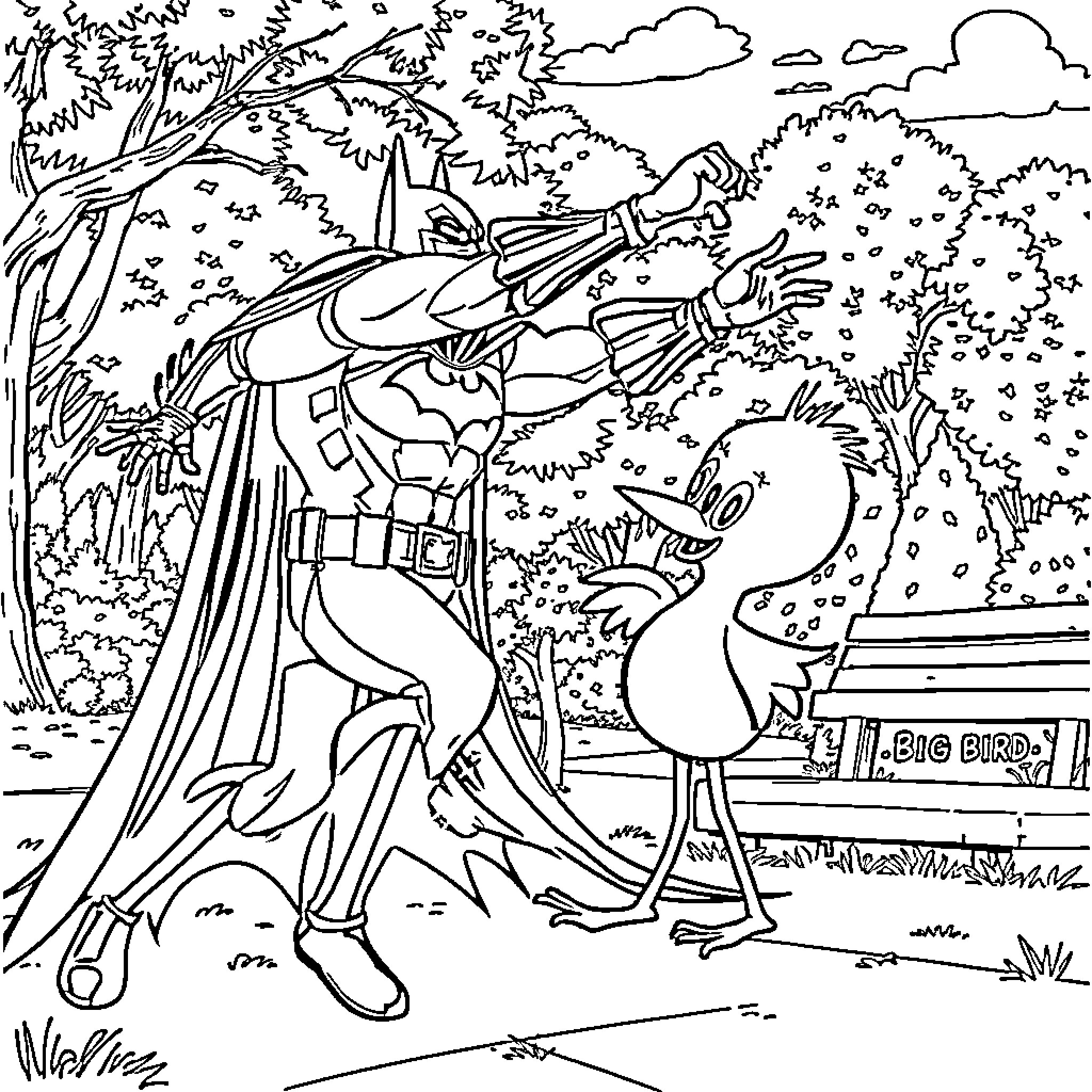 Batman facing off with a big bird in the park Coloring Page (free black-and-white line drawing printable PDF for all, from beginners to advanced learners, including children, teens, adults, and seniors)