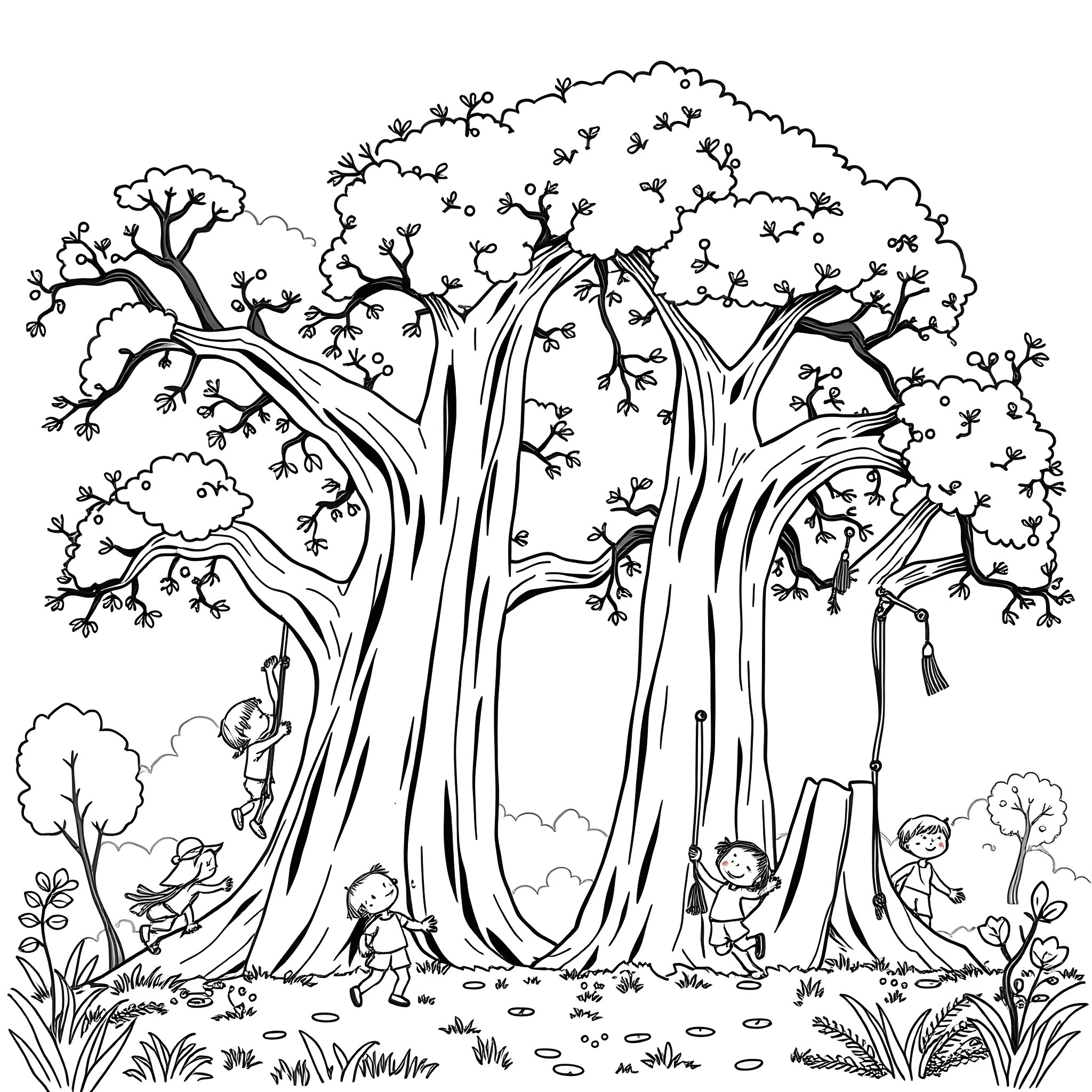 Kid playing joyfully in the enchanted forest Coloring Page (free black-and-white line drawing printable PDF for all, from beginners to advanced learners, including children, teens, adults, and seniors)