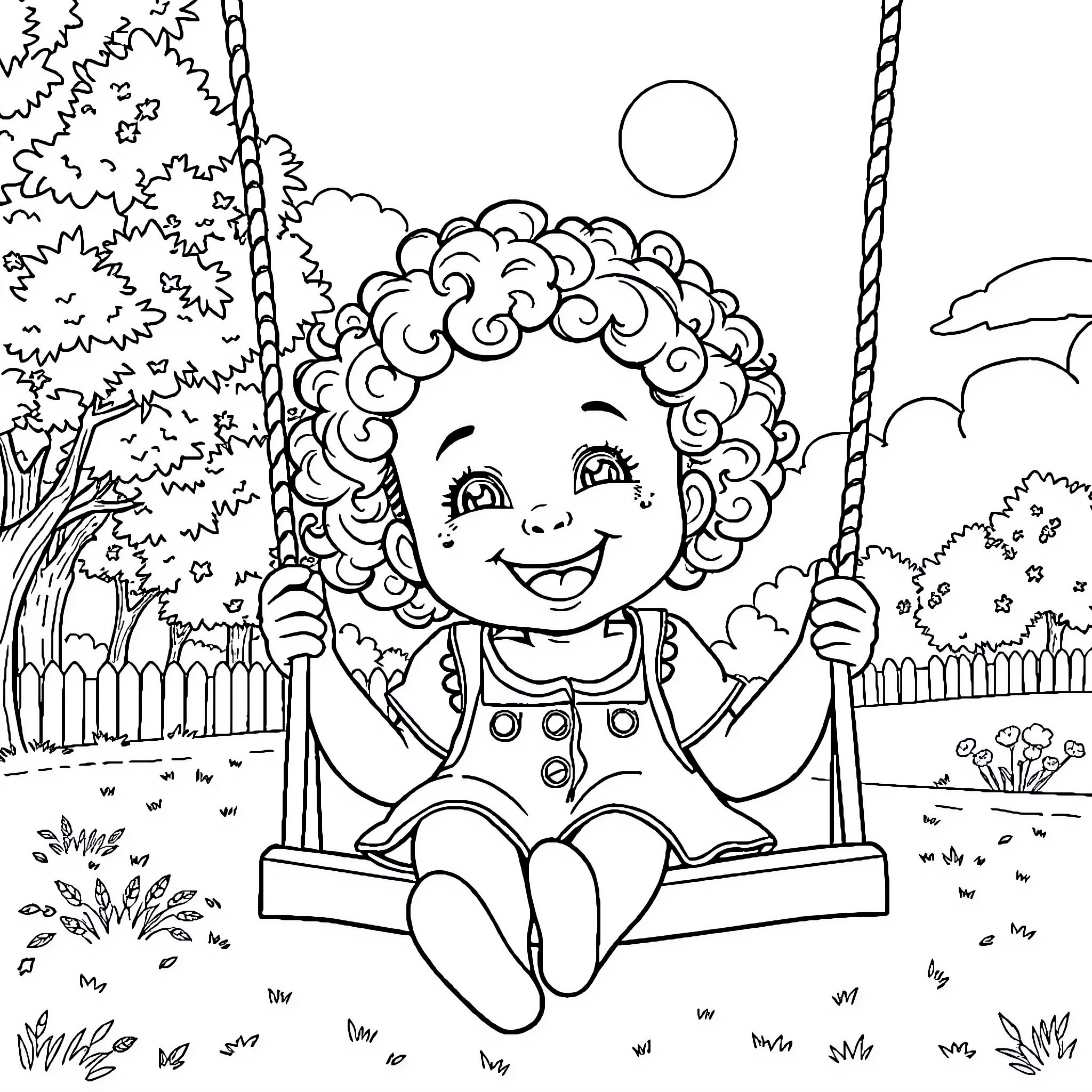 Girl playing happily on a swing in a nature scene Coloring Page (free black-and-white line drawing printable PDF for all, from beginners to advanced learners, including children, teens, adults, and seniors)