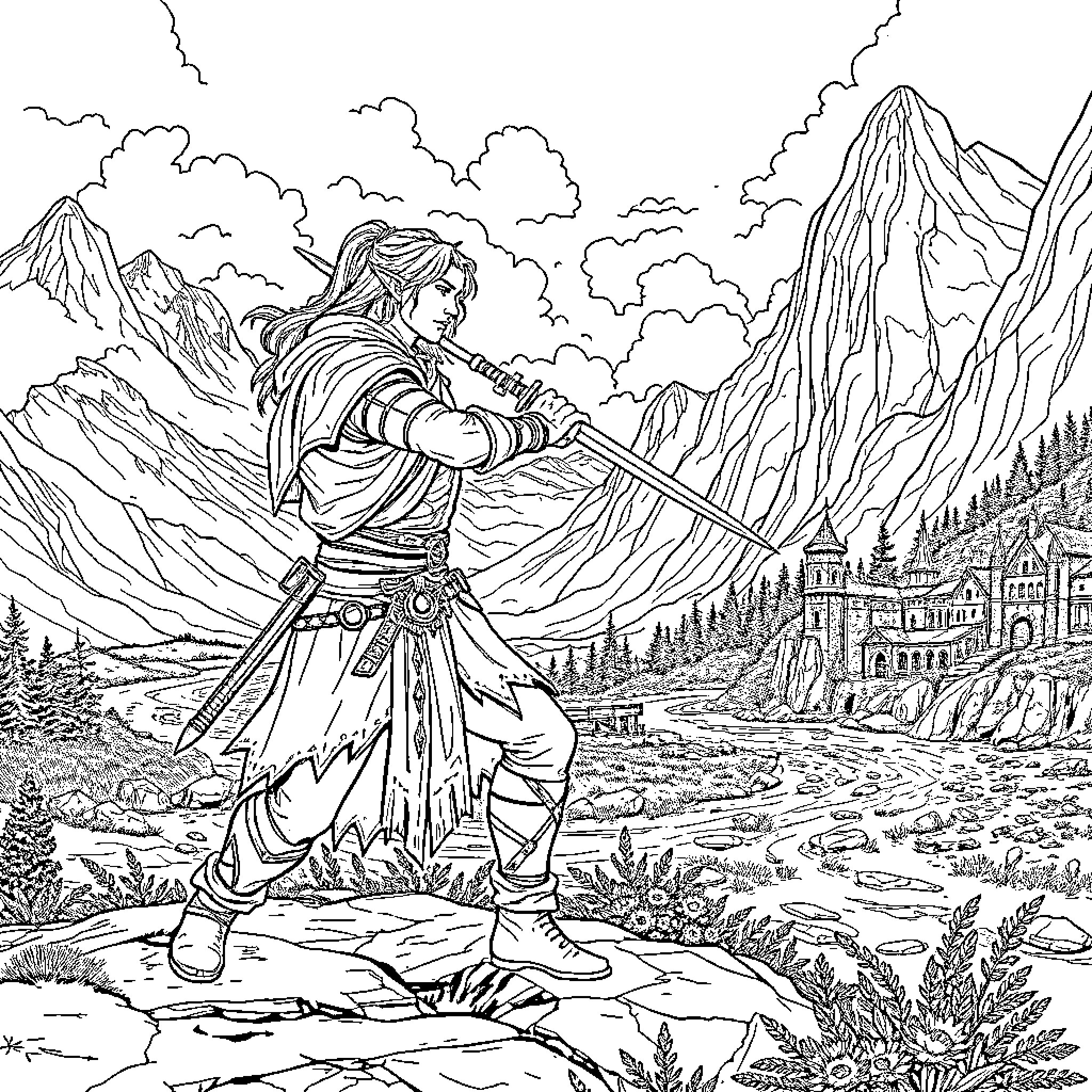 Din's Heroic Journey in the Mountain Landscape Coloring Page (free black-and-white line drawing printable PDF for all, from beginners to advanced learners, including children, teens, adults, and seniors)
