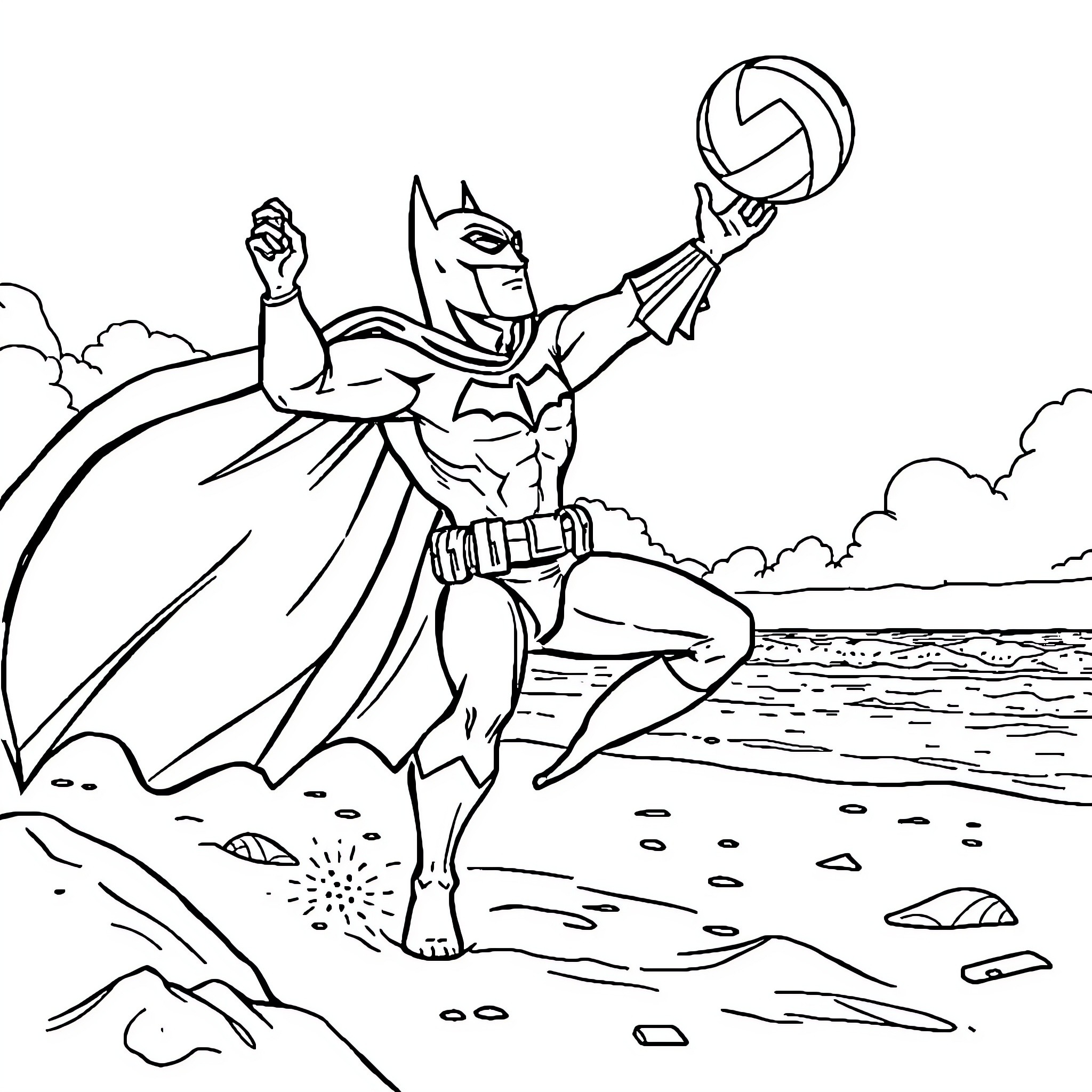 Batman Serving Justice on the Beach Coloring Page (free black-and-white line drawing printable PDF for all, from beginners to advanced learners, including children, teens, adults, and seniors)