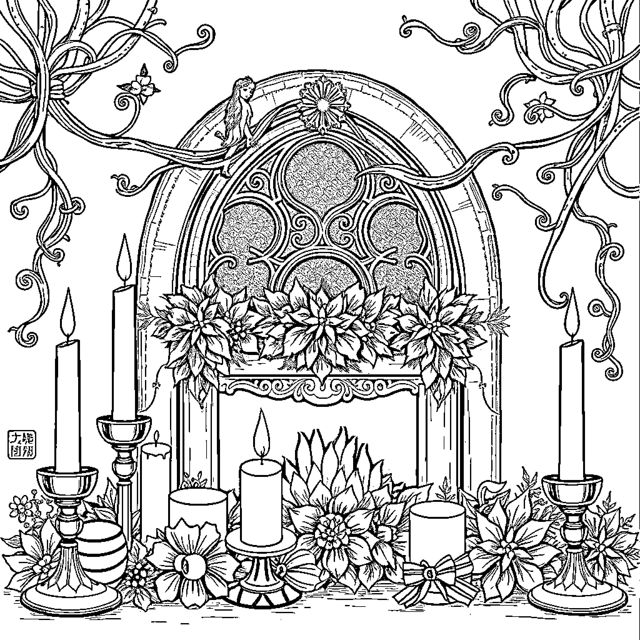 Christmas Decor and Flowers in Ornate Setting Coloring Page (free black-and-white line drawing printable PDF for all, from beginners to advanced learners, including children, teens, adults, and seniors)