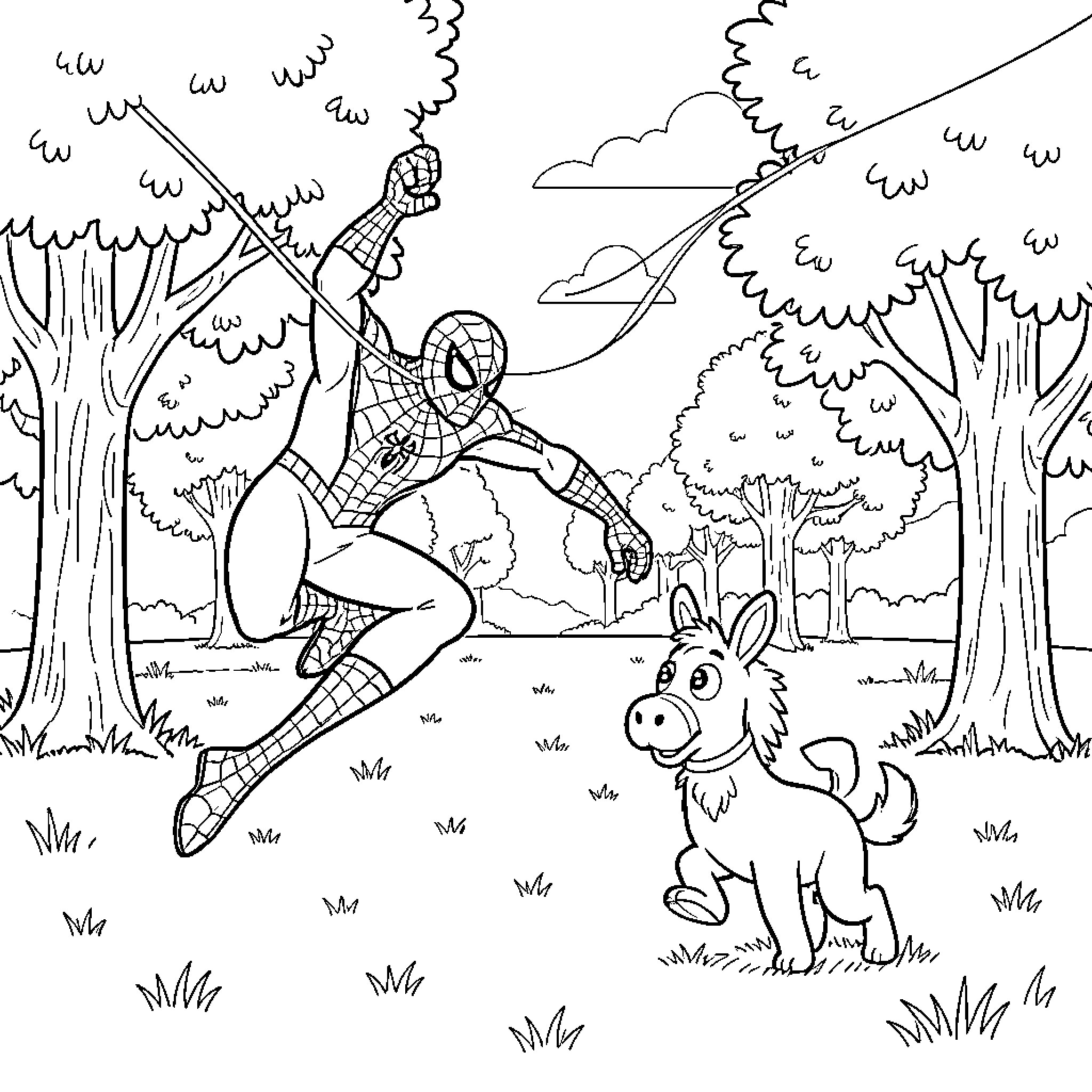 Spiderman swinging through trees near a friendly donkey Coloring Page (free black-and-white line drawing printable PDF for all, from beginners to advanced learners, including children, teens, adults, and seniors)