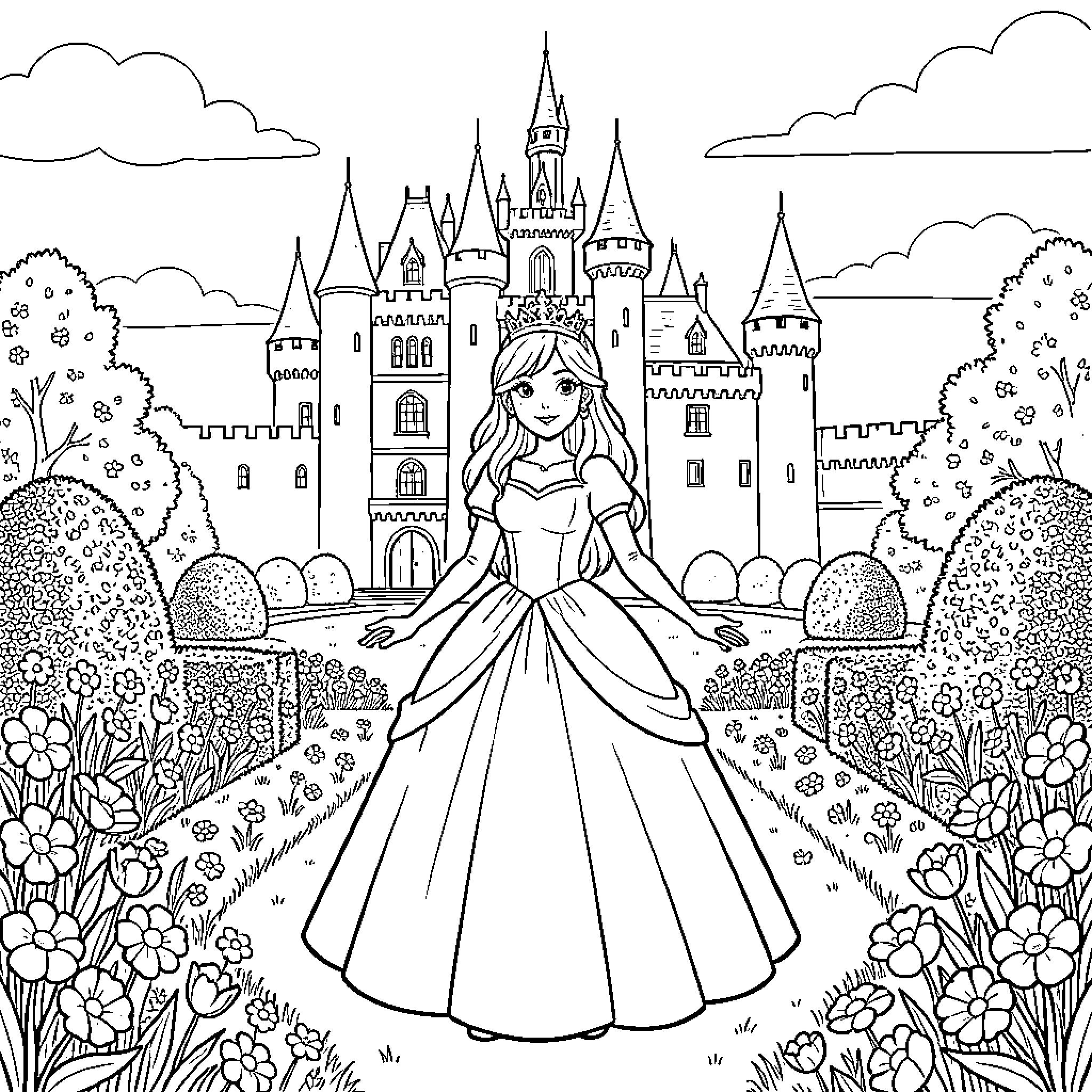 Princess standing gracefully in front of a grand castle Coloring Page (free black-and-white line drawing printable PDF for all, from beginners to advanced learners, including children, teens, adults, and seniors)
