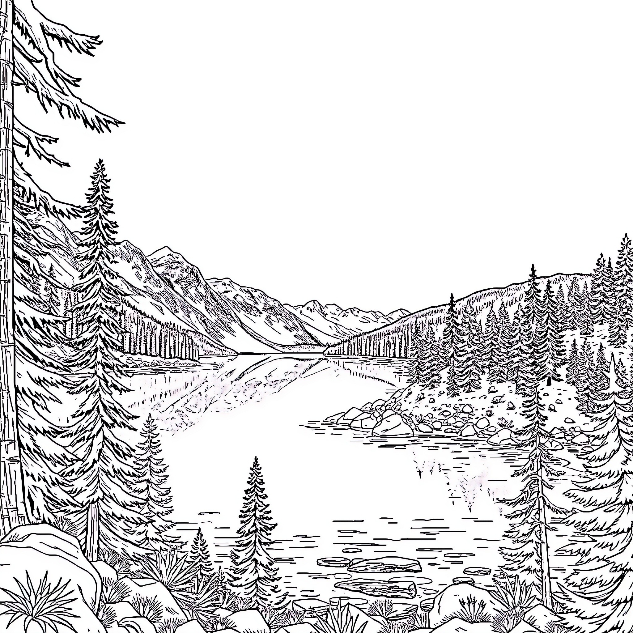 Bear enjoying tranquil mountain lake with pine forest Coloring Page (free black-and-white line drawing printable PDF for all, from beginners to advanced learners, including children, teens, adults, and seniors)