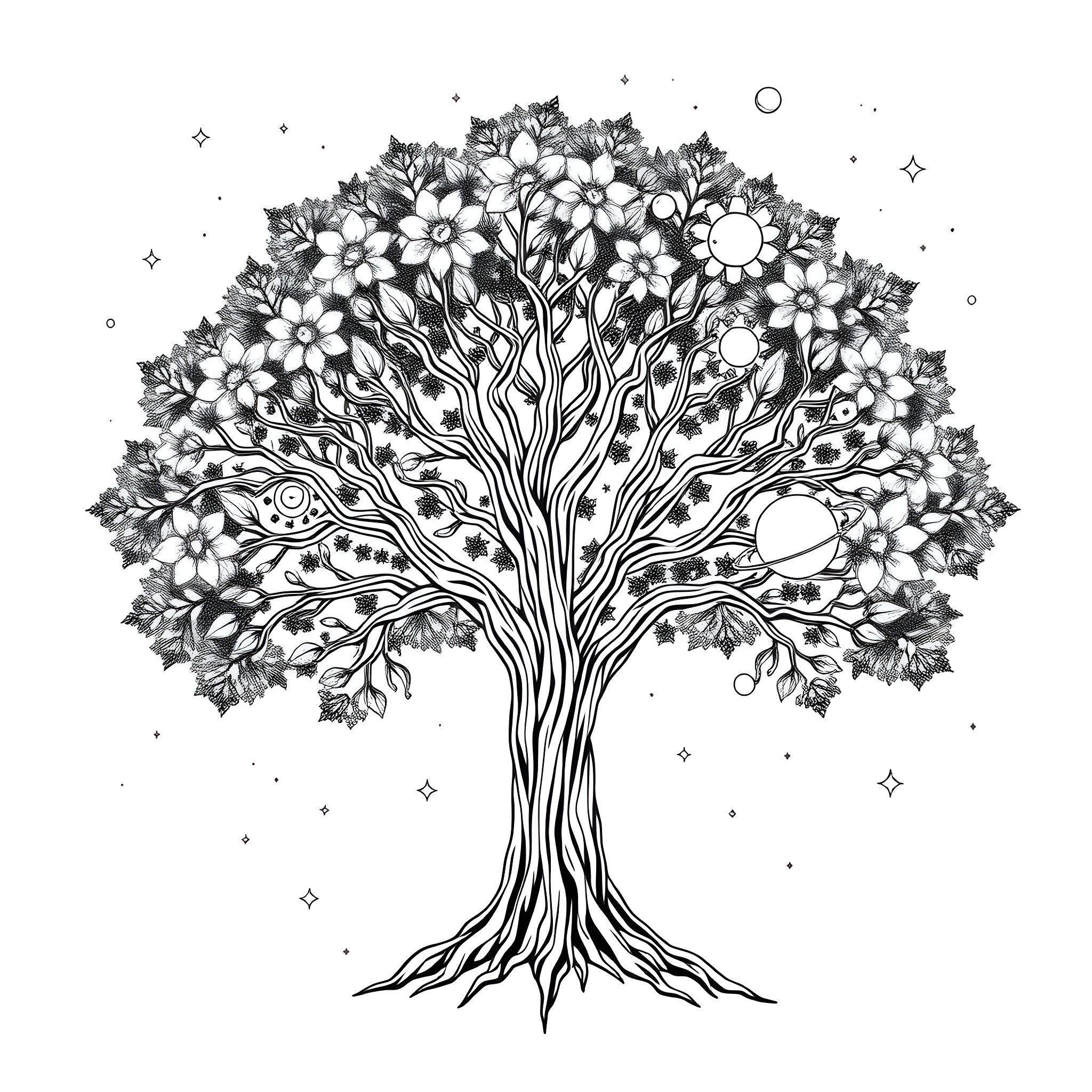 Tree of Blossoming Flowers in Starry Night Coloring Page (free black-and-white line drawing printable PDF for all, from beginners to advanced learners, including children, teens, adults, and seniors)