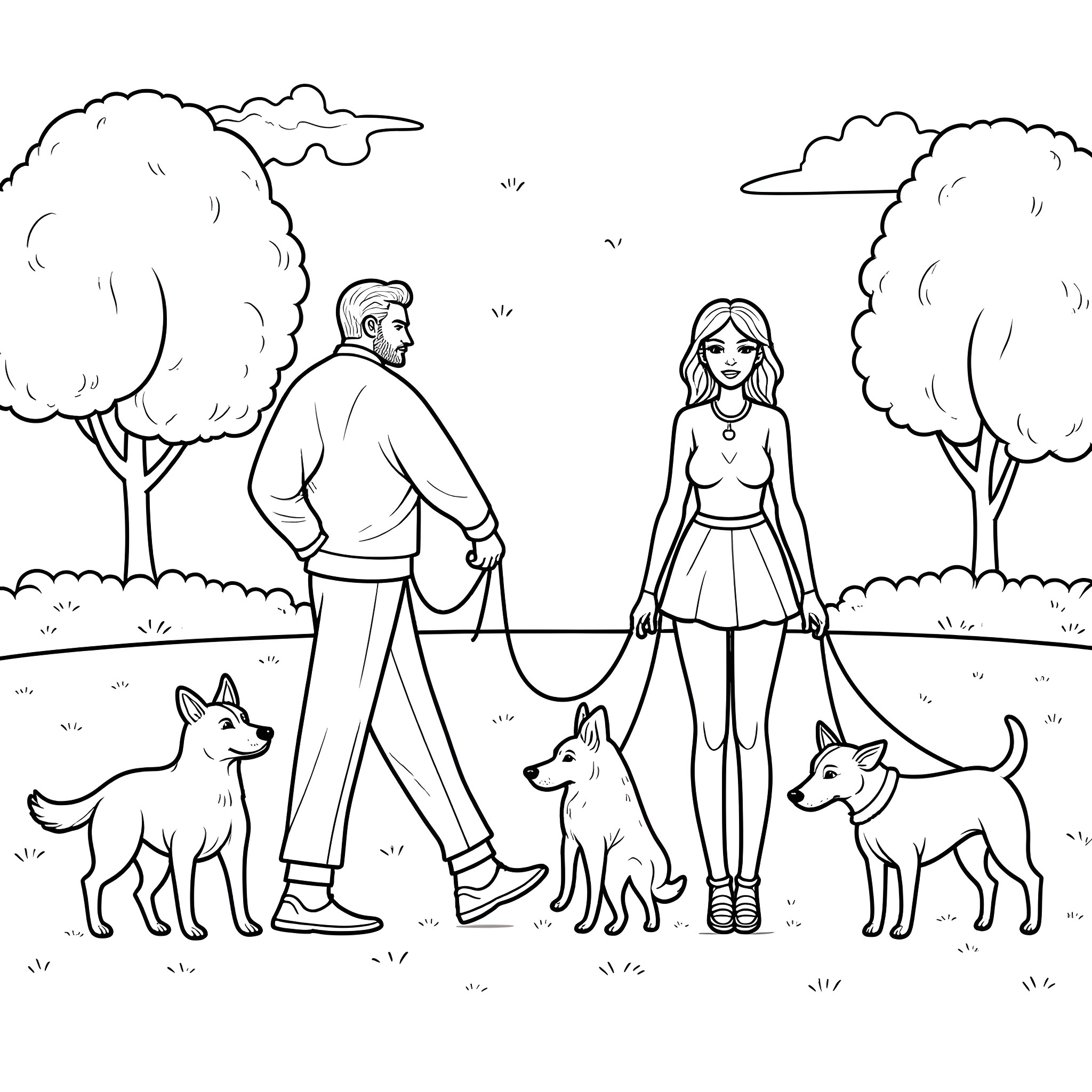 Dog owners walking their pets in the park Coloring Page (free black-and-white line drawing printable PDF for all, from beginners to advanced learners, including children, teens, adults, and seniors)