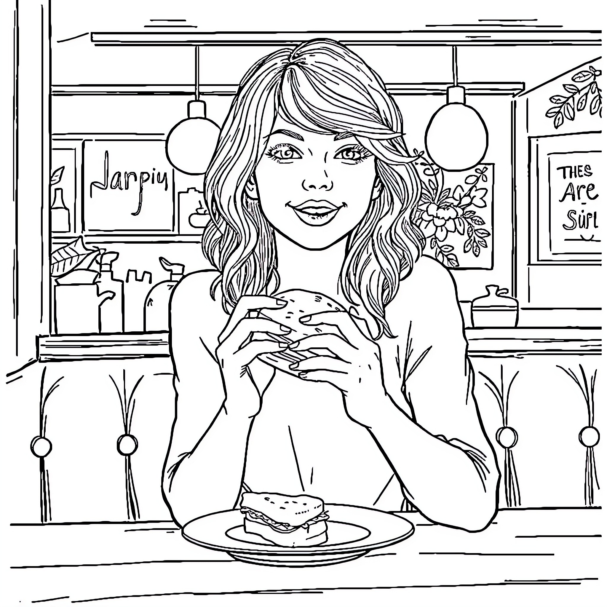 Taylor Swift enjoying a casual meal in a cozy cafe Coloring Page (free black-and-white line drawing printable PDF for all, from beginners to advanced learners, including children, teens, adults, and seniors)