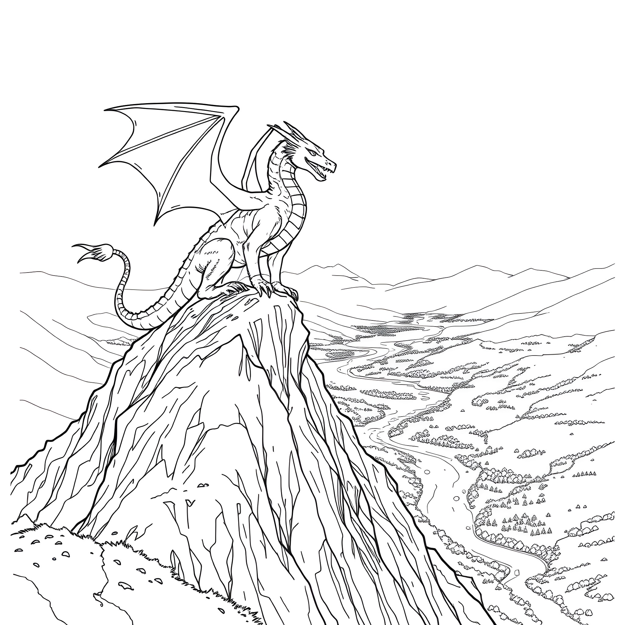 Dragon Sitting Atop a Majestic Cliff Coloring Page (free black-and-white line drawing printable PDF for all, from beginners to advanced learners, including children, teens, adults, and seniors)