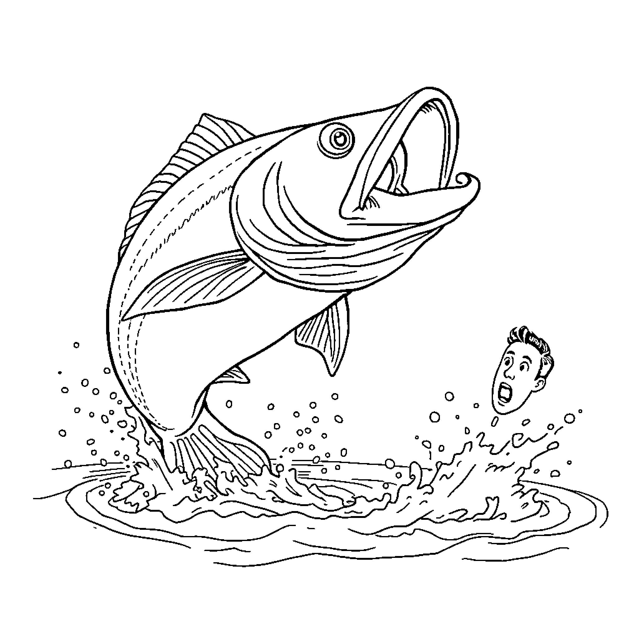Fish leaping out of water with human expression Coloring Page (free black-and-white line drawing printable PDF for all, from beginners to advanced learners, including children, teens, adults, and seniors)