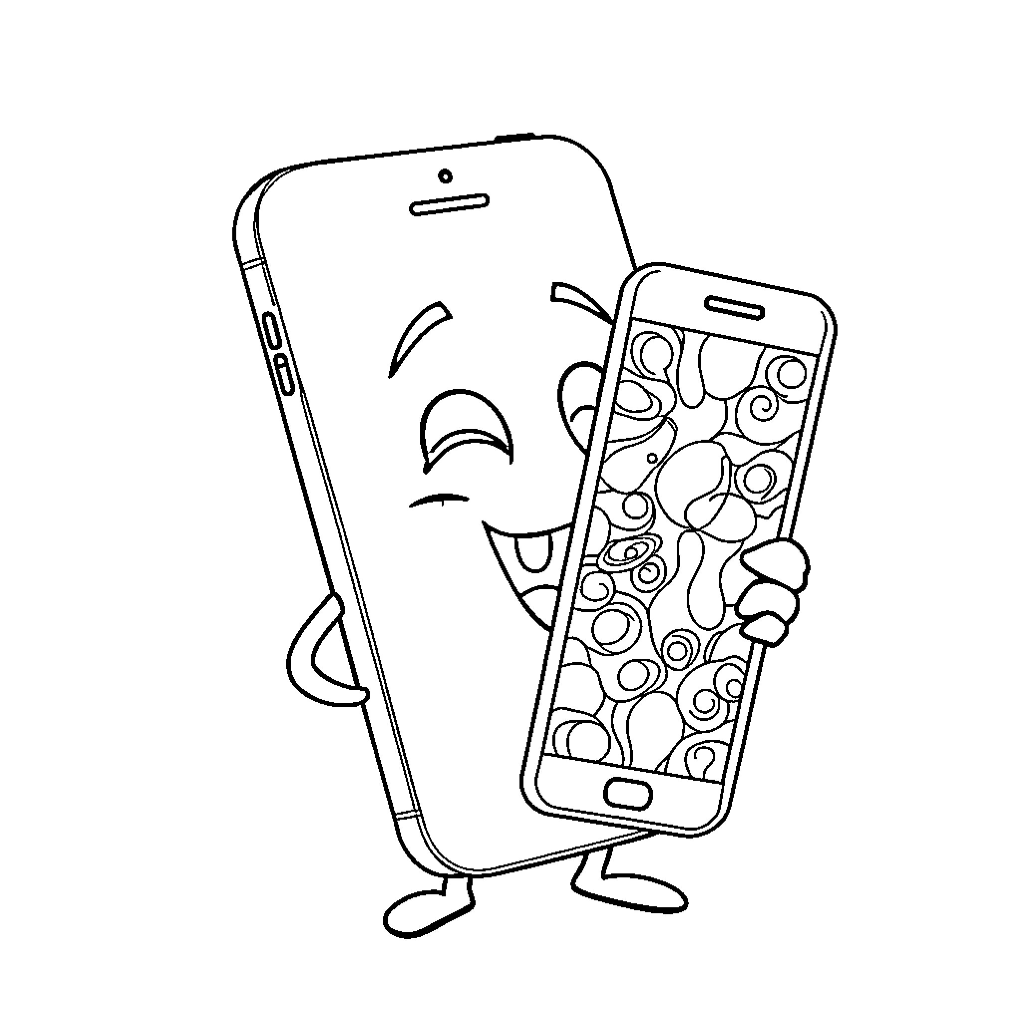 Phone friends having a joyful interaction Coloring Page (free black-and-white line drawing printable PDF for all, from beginners to advanced learners, including children, teens, adults, and seniors)