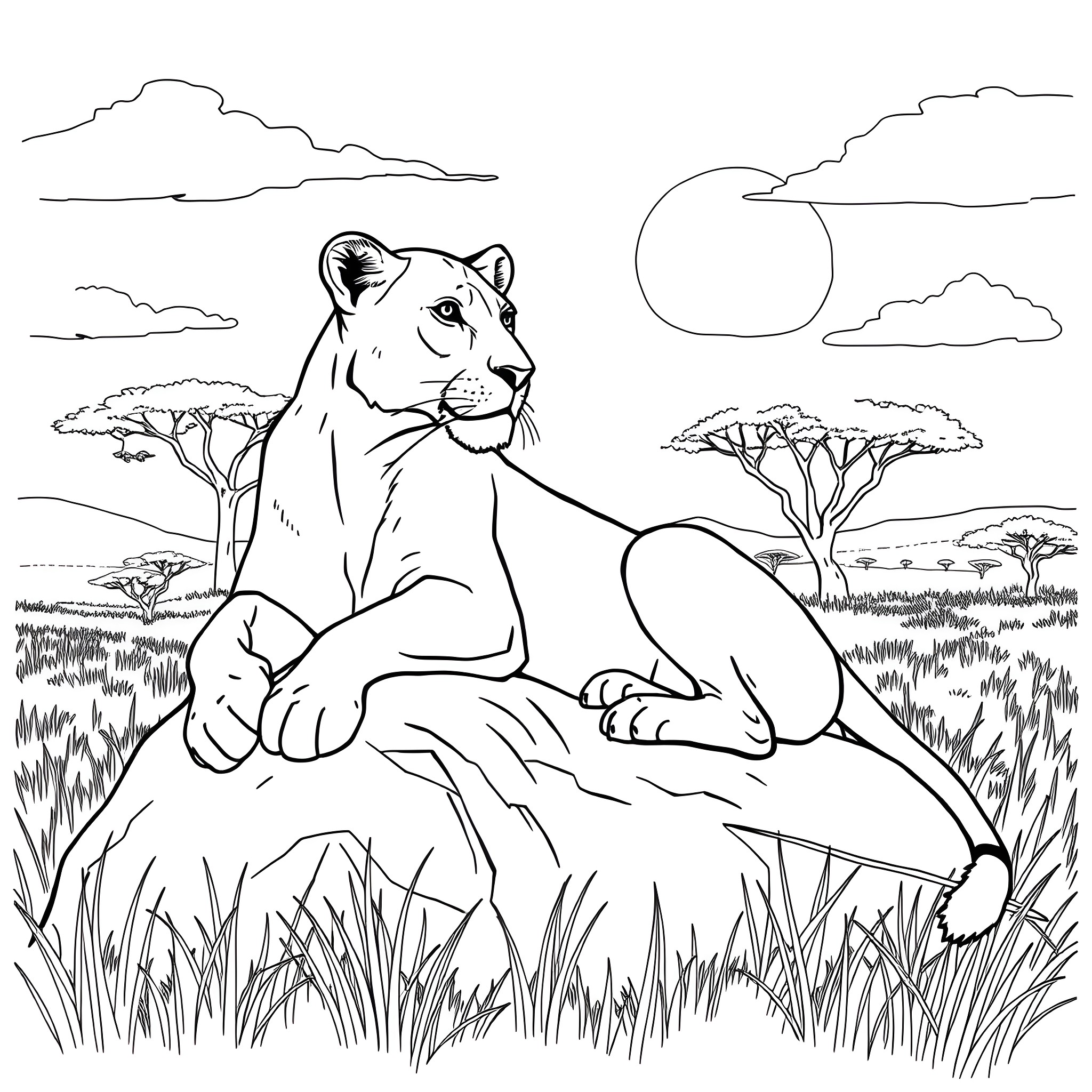 Nala enjoying the serene African landscape Coloring Page (free black-and-white line drawing printable PDF for all, from beginners to advanced learners, including children, teens, adults, and seniors)