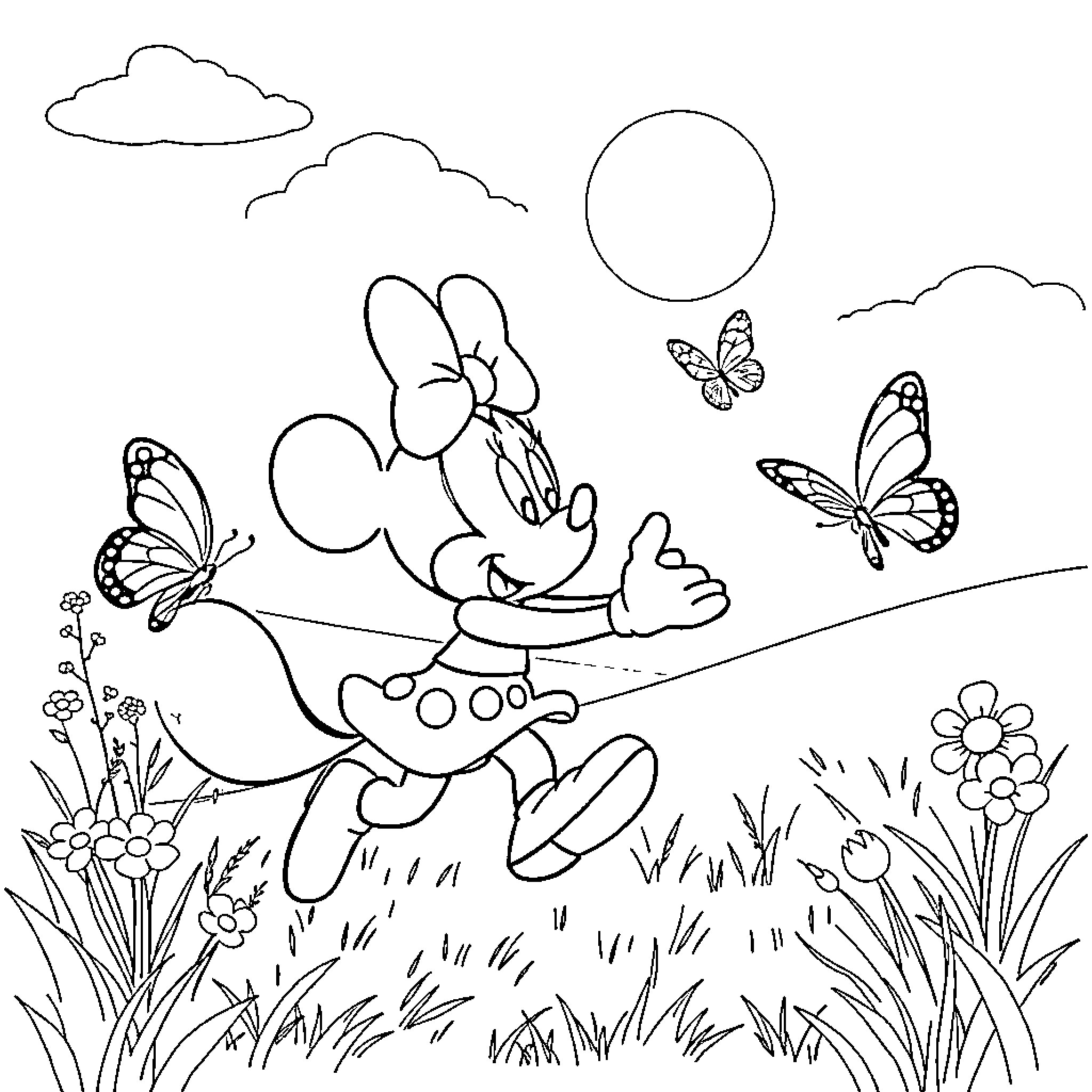 Minnie Mouse playing with butterflies in a garden Coloring Page (free black-and-white line drawing printable PDF for all, from beginners to advanced learners, including children, teens, adults, and seniors)