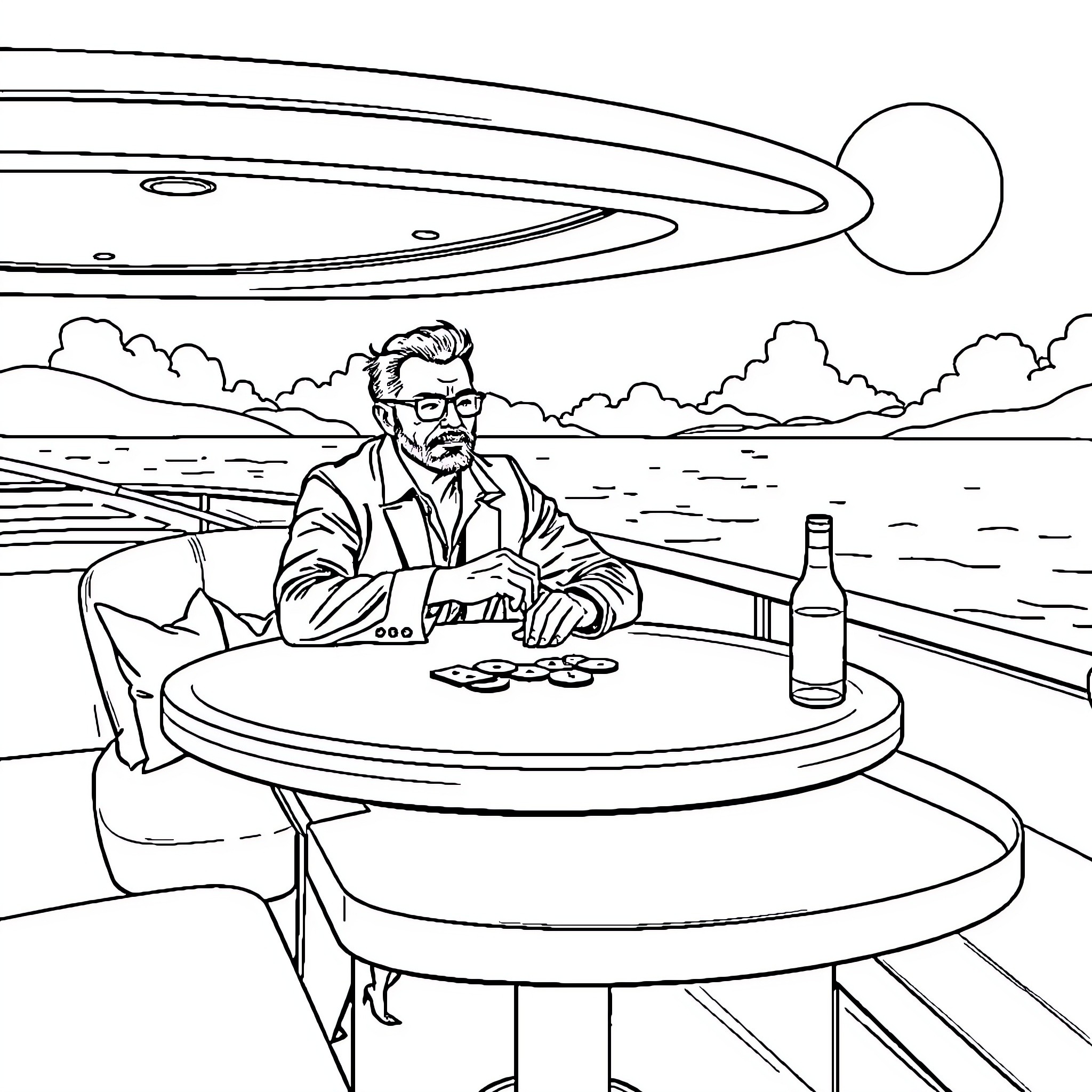 Moise Kean enjoying a drink on a futuristic space ship Coloring Page (free black-and-white line drawing printable PDF for all, from beginners to advanced learners, including children, teens, adults, and seniors)