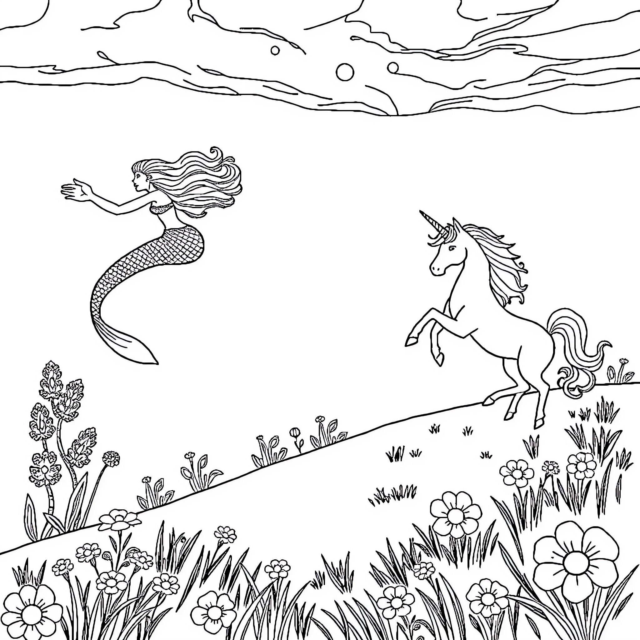 Mermaid and Unicorn Frolicking in Enchanted Meadow Coloring Page (free black-and-white line drawing printable PDF for all, from beginners to advanced learners, including children, teens, adults, and seniors)