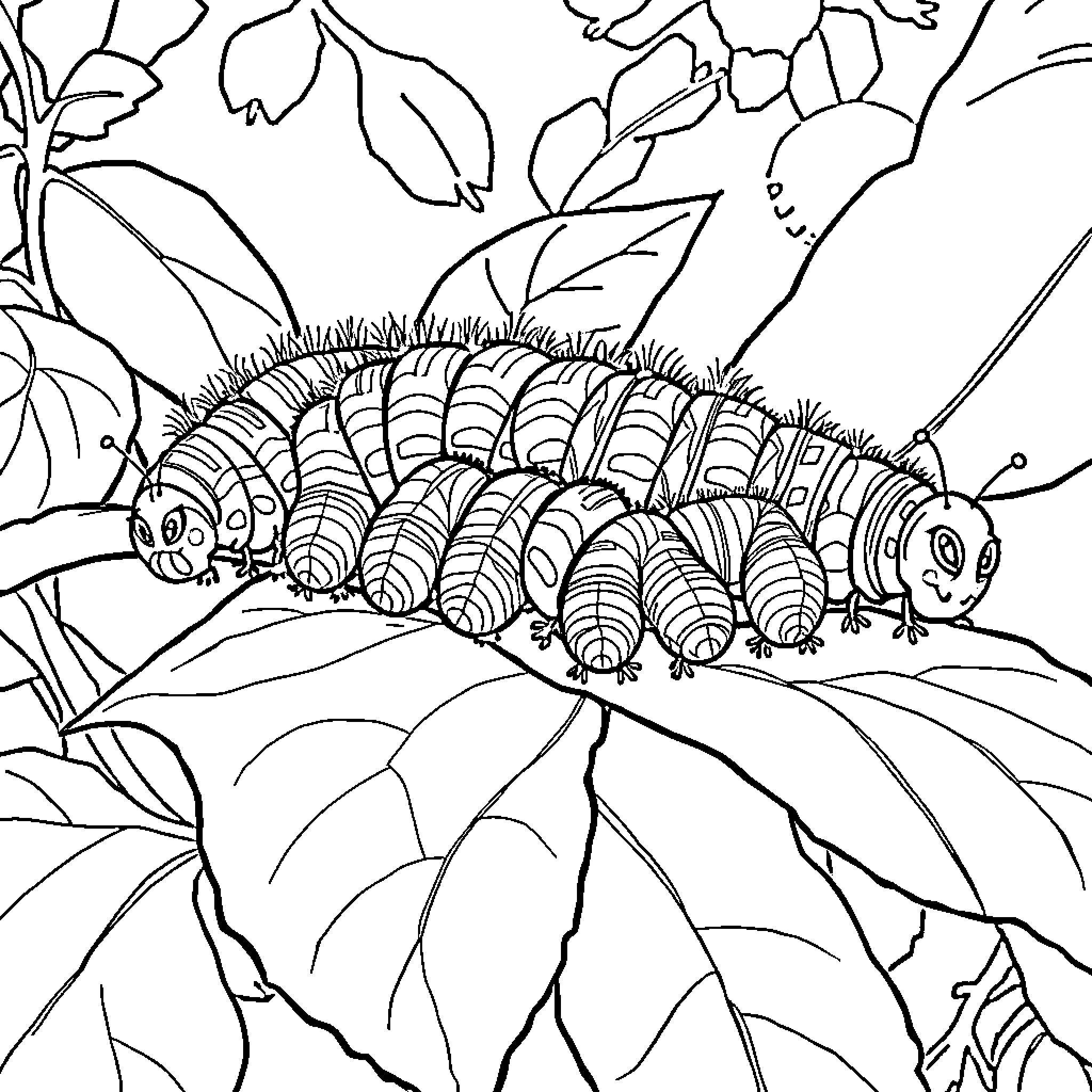 Caterpillar crawling among leaves and branches Coloring Page (free black-and-white line drawing printable PDF for all, from beginners to advanced learners, including children, teens, adults, and seniors)
