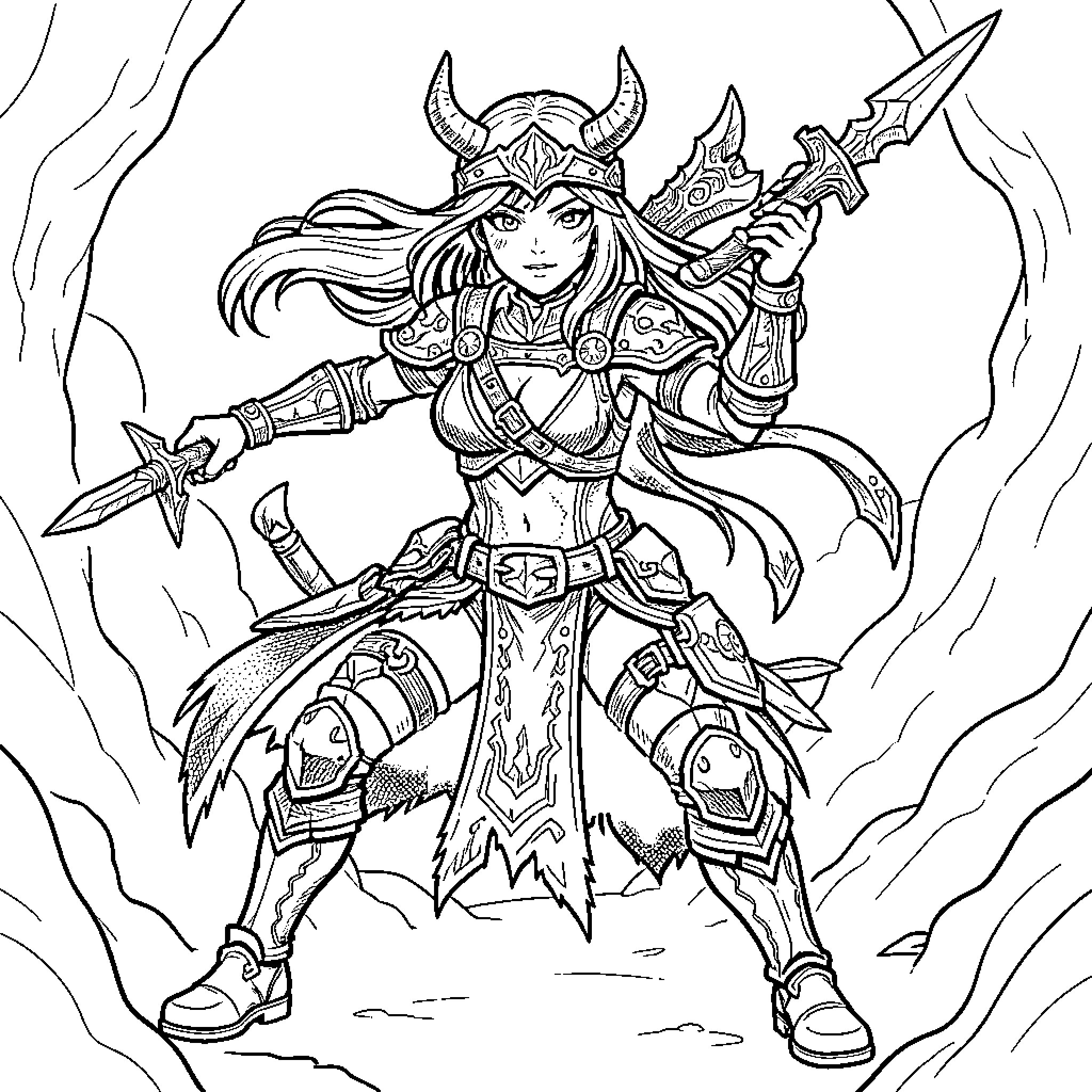 Mira wearing warrior armor and wielding two daggers Coloring Page (free black-and-white line drawing printable PDF for all, from beginners to advanced learners, including children, teens, adults, and seniors)