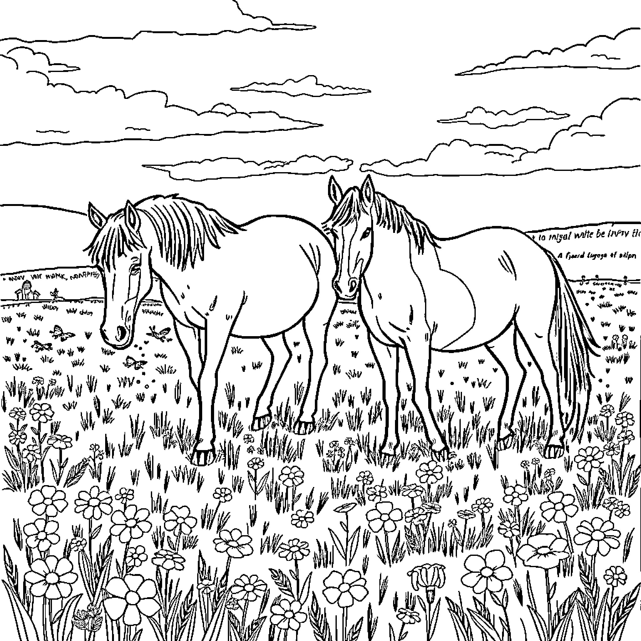 Horses grazing peacefully in a field of flowers Coloring Page (free black-and-white line drawing printable PDF for all, from beginners to advanced learners, including children, teens, adults, and seniors)