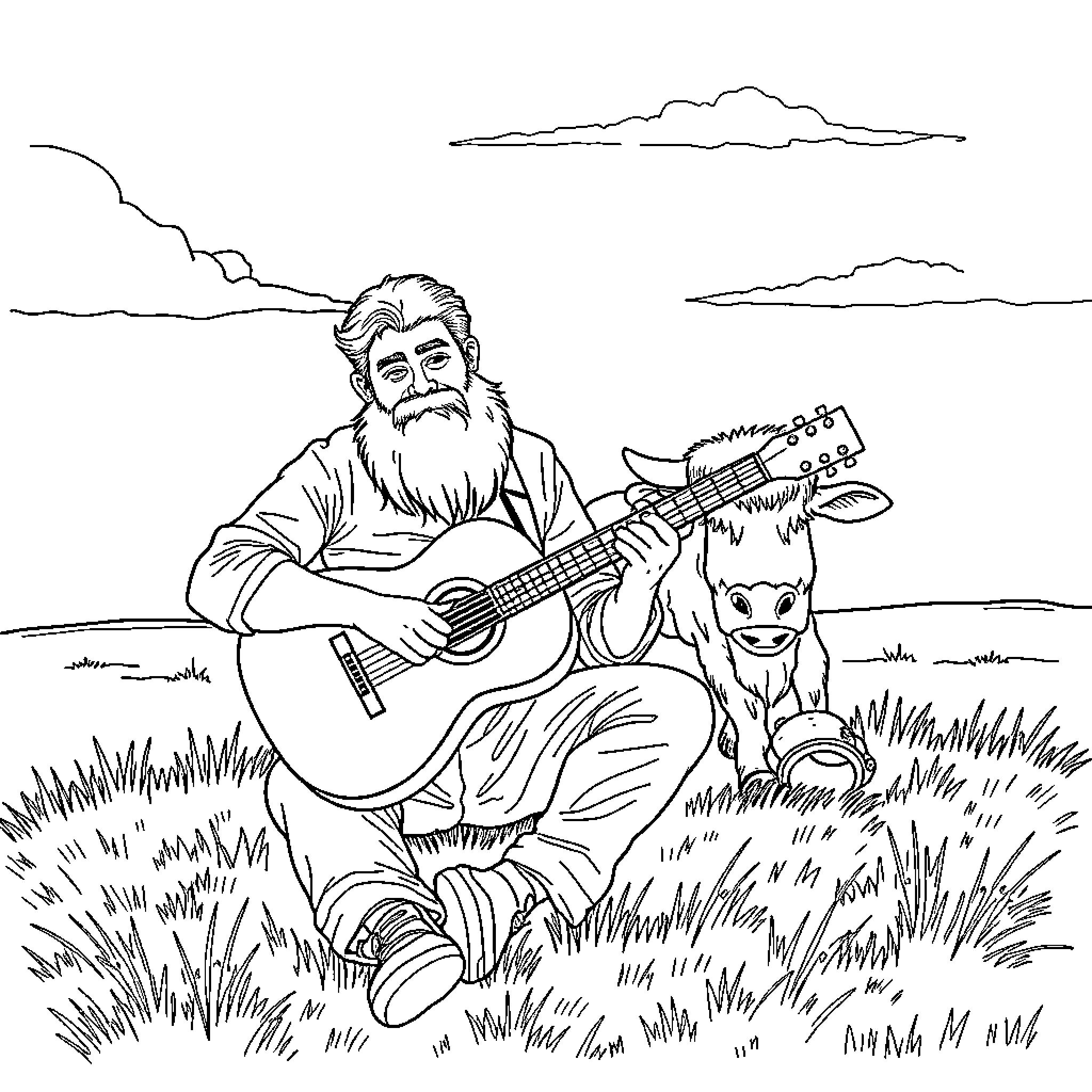 Guitarist relaxing with farm animal companion in serene landscape Coloring Page (free black-and-white line drawing printable PDF for all, from beginners to advanced learners, including children, teens, adults, and seniors)
