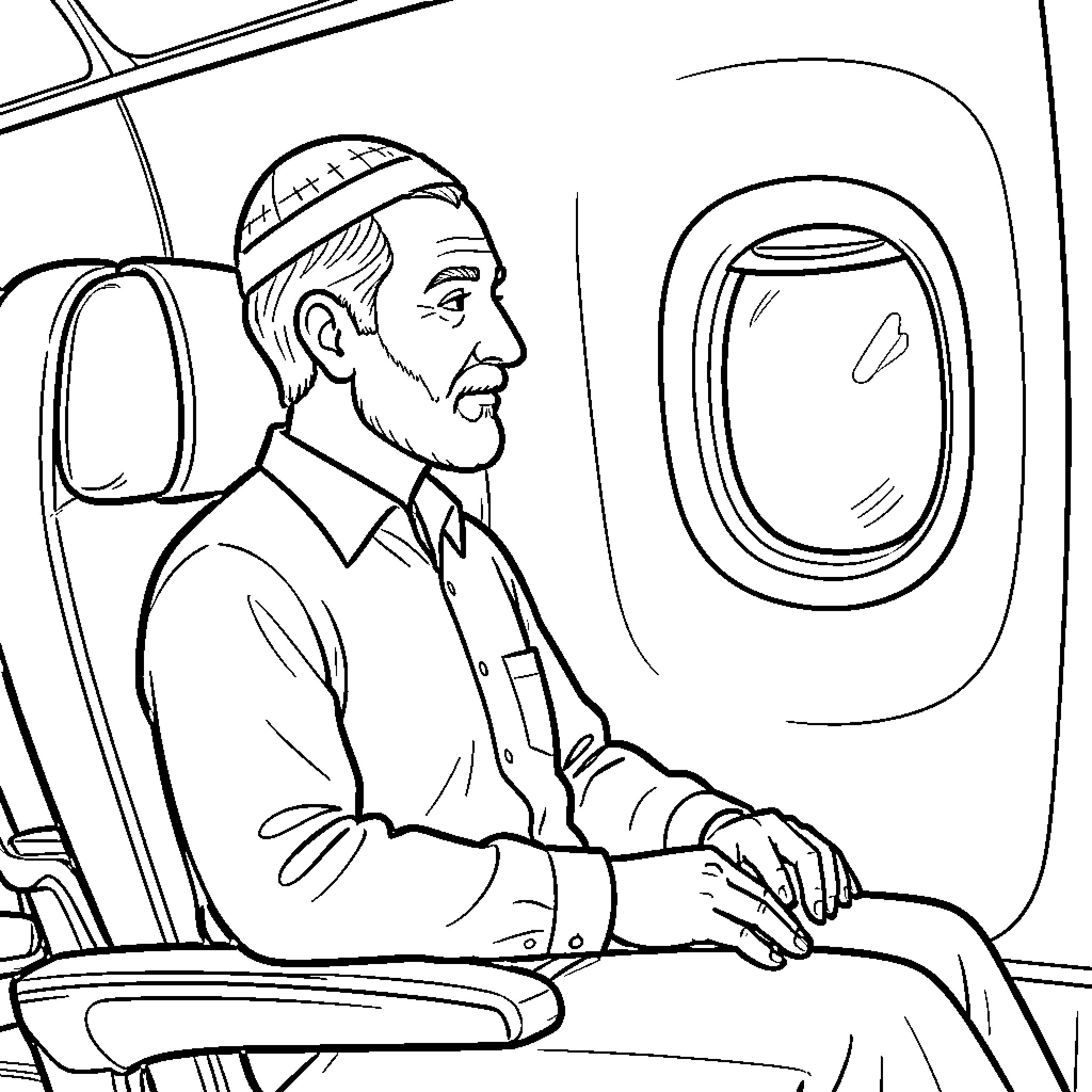 Jewish Man sitting calmly in an airplane seat Coloring Page (free black-and-white line drawing printable PDF for all, from beginners to advanced learners, including children, teens, adults, and seniors)
