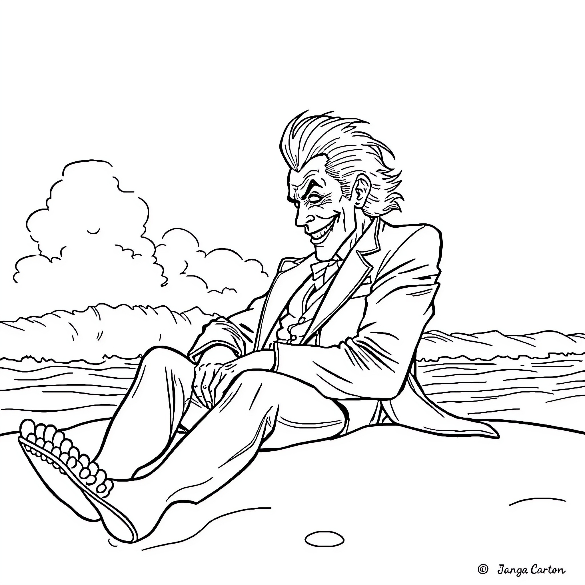 Joker enjoying the scenic view by the lake Coloring Page (free black-and-white line drawing printable PDF for all, from beginners to advanced learners, including children, teens, adults, and seniors)