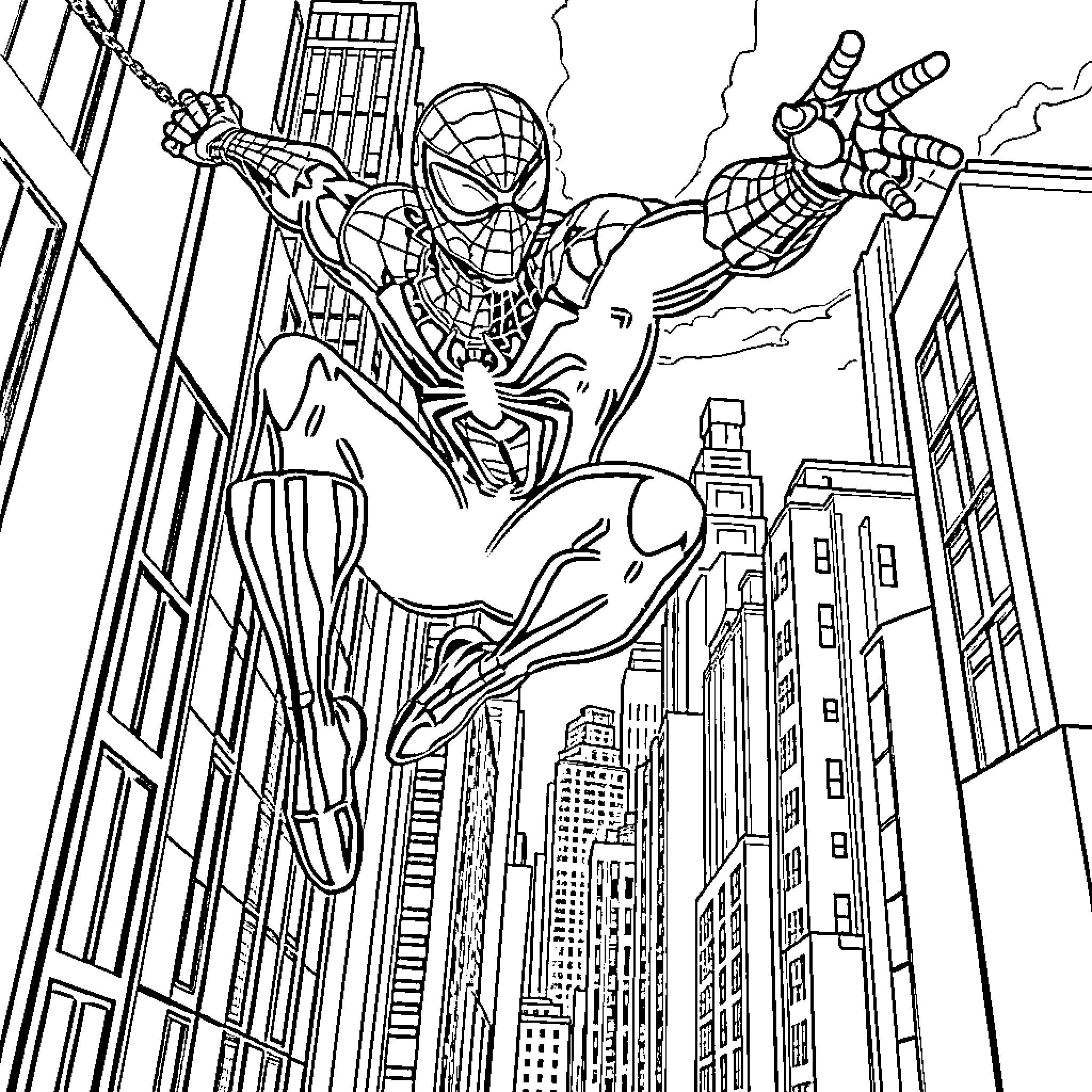 Spiderman swinging through the city with heroic action Coloring Page (free black-and-white line drawing printable PDF for all, from beginners to advanced learners, including children, teens, adults, and seniors)