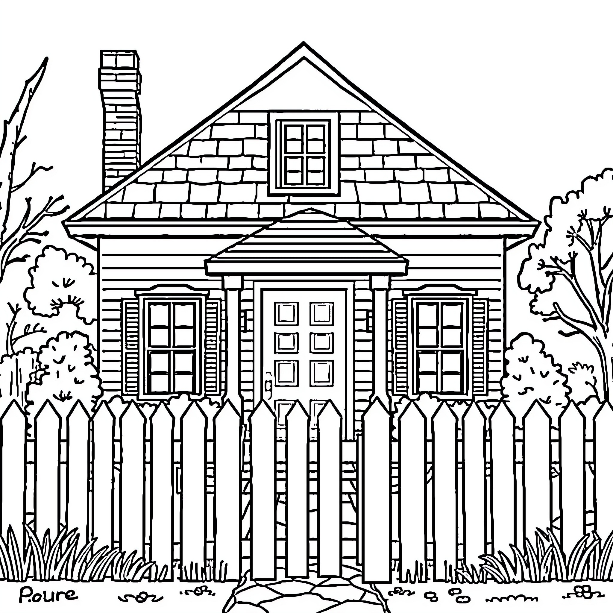 House with Quaint Wooden Fence and Shrubbery Coloring Page (free black-and-white line drawing printable PDF for all, from beginners to advanced learners, including children, teens, adults, and seniors)