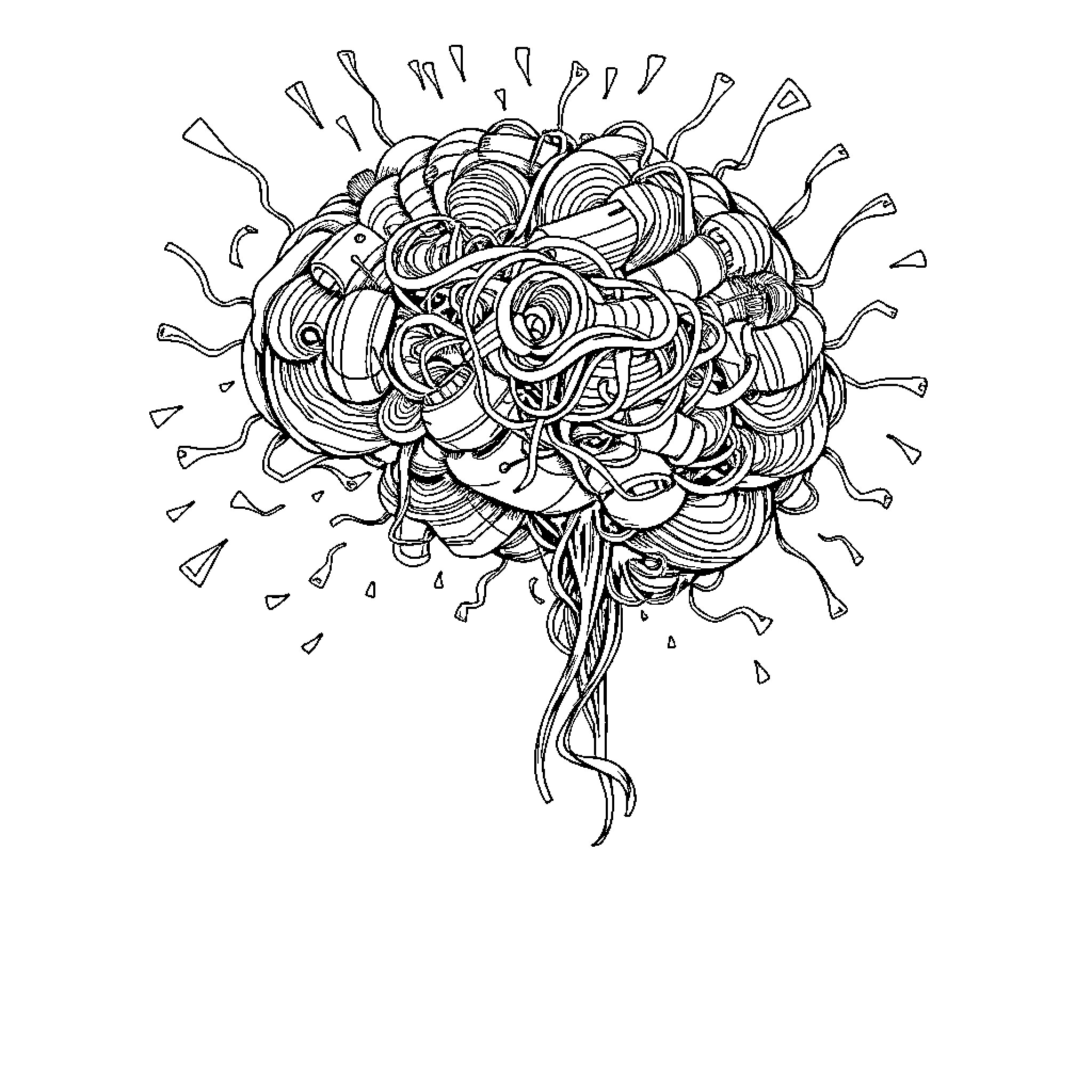 Brain Filled with Abstract Shapes and Lines Coloring Page (free black-and-white line drawing printable PDF for all, from beginners to advanced learners, including children, teens, adults, and seniors)